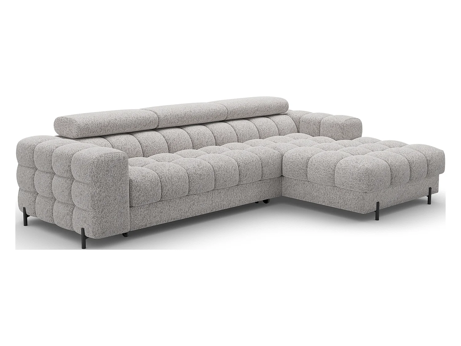 KATE omvormbare stoffen hoekbank met verstelbare hoofdsteunen – Zwarte metalen opbergruimte en poten-Kleur Lichtgrijs gevlekt-juiste hoek