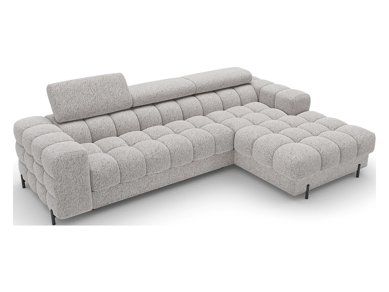 KATE omvormbare stoffen hoekbank met verstelbare hoofdsteunen – Zwarte metalen opbergruimte en poten-Kleur Lichtgrijs gevlekt-juiste hoek