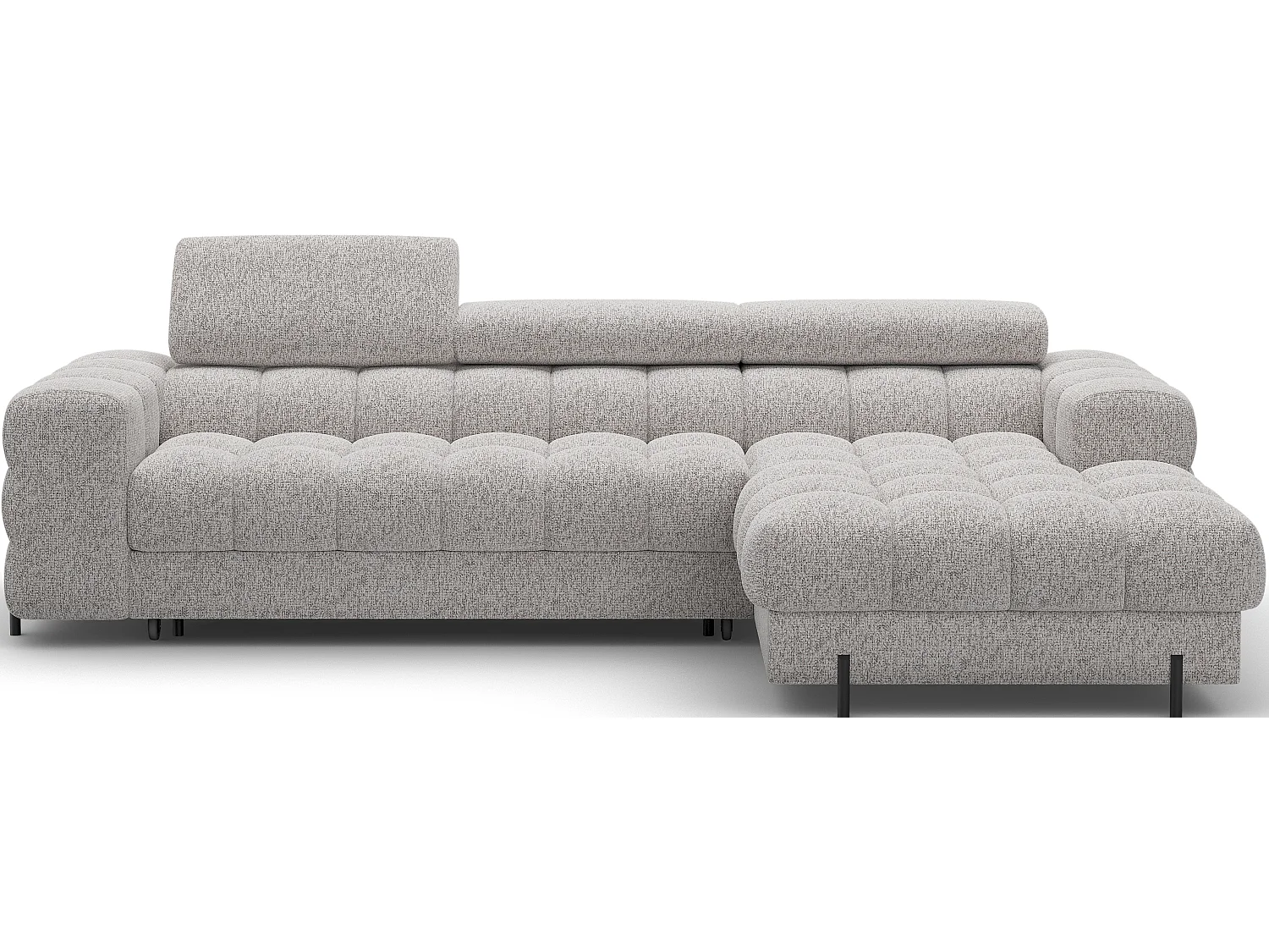 Canapé d’angle convertible tissu appuis-tête réglables KATE – Coffre et pieds métal noir-Gris clair chiné-angle droit