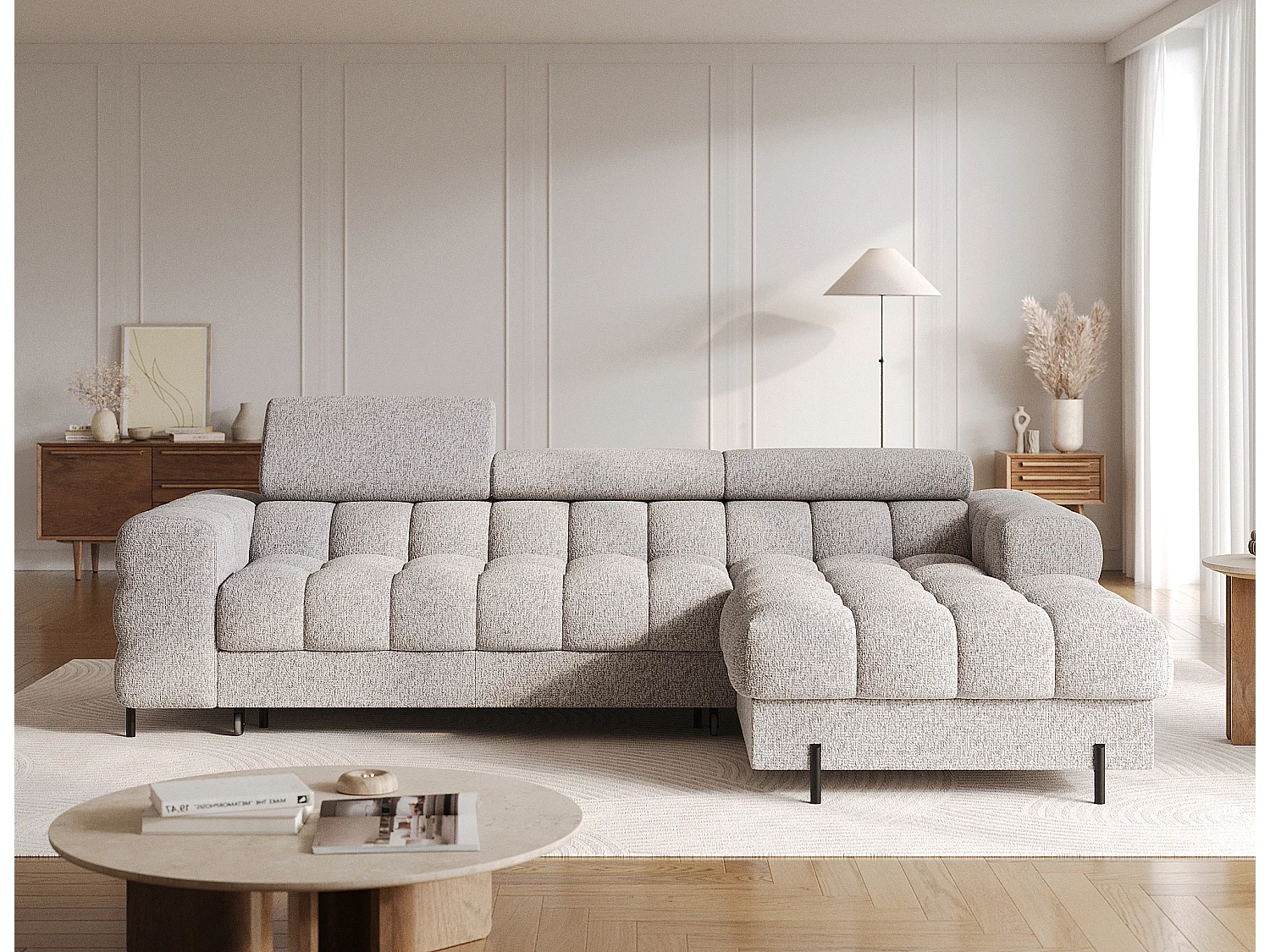 Canapé d’angle convertible tissu appuis-tête réglables KATE – Coffre et pieds métal noir-Gris clair chiné-angle droit