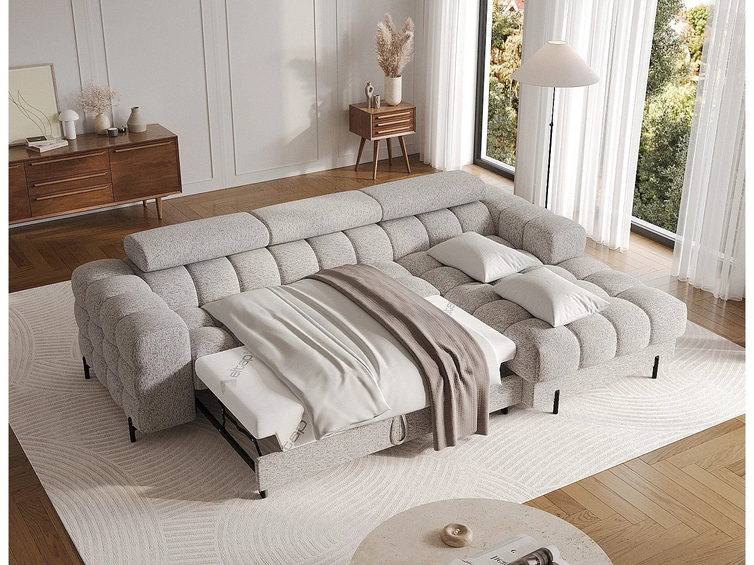 Canapé d’angle convertible tissu appuis-tête réglables KATE – Coffre et pieds métal noir-Gris clair chiné-angle droit