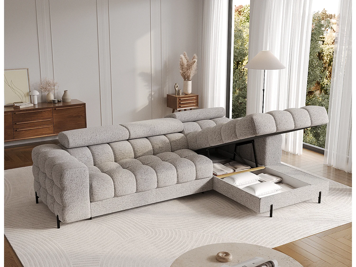 Canapé d’angle convertible tissu appuis-tête réglables KATE – Coffre et pieds métal noir-Gris clair chiné-angle droit