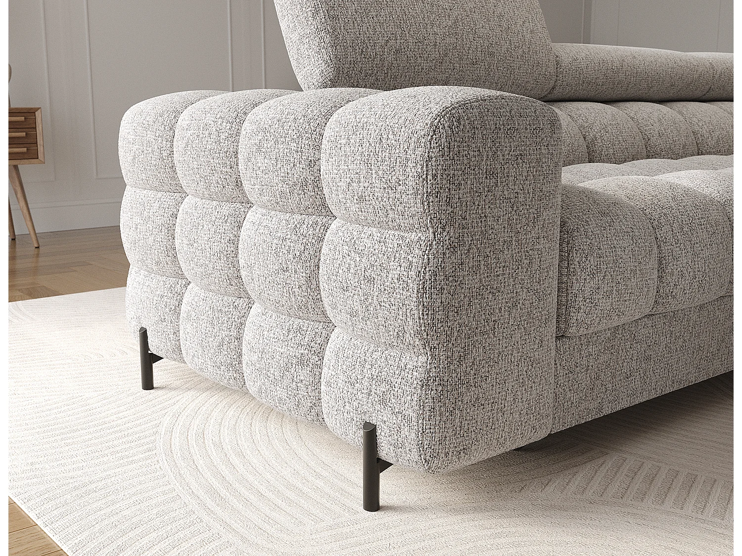 Canapé d’angle convertible tissu appuis-tête réglables KATE – Coffre et pieds métal noir-Gris clair chiné-angle droit