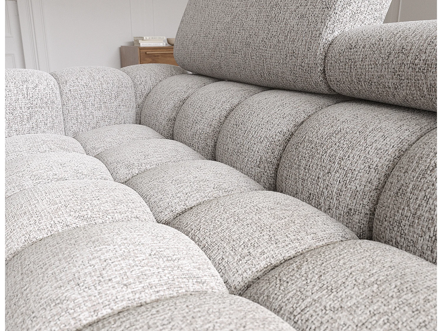 Canapé d’angle convertible tissu appuis-tête réglables KATE – Coffre et pieds métal noir-Gris clair chiné-angle droit