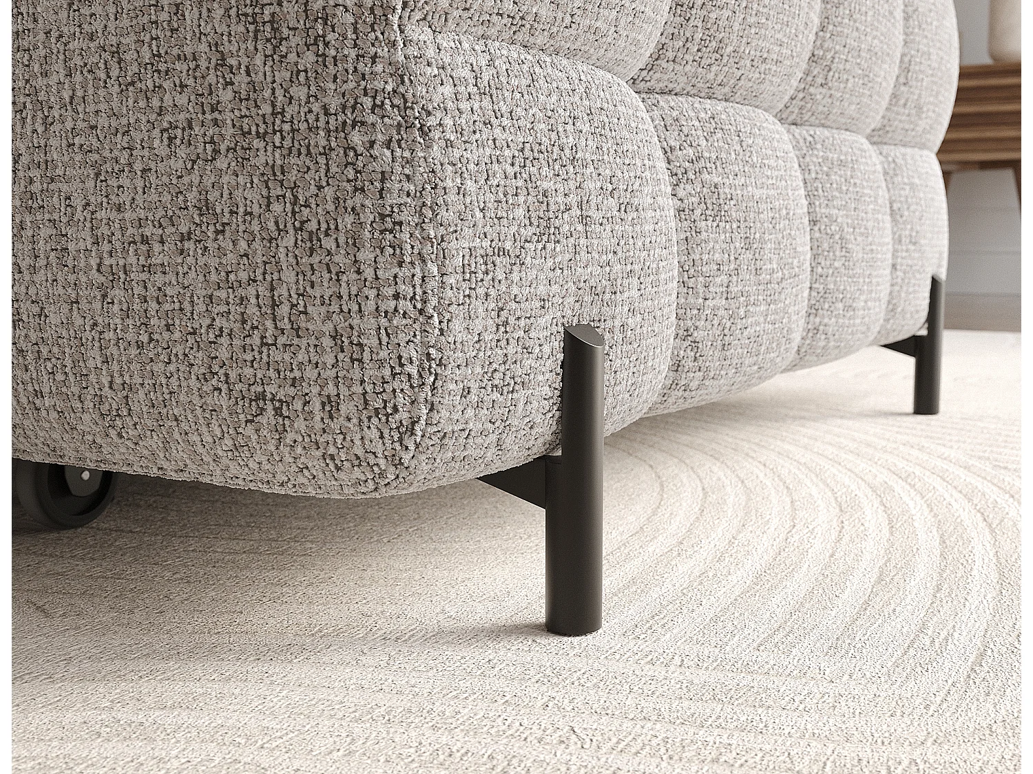 Canapé d’angle convertible tissu appuis-tête réglables KATE – Coffre et pieds métal noir-Gris clair chiné-angle droit