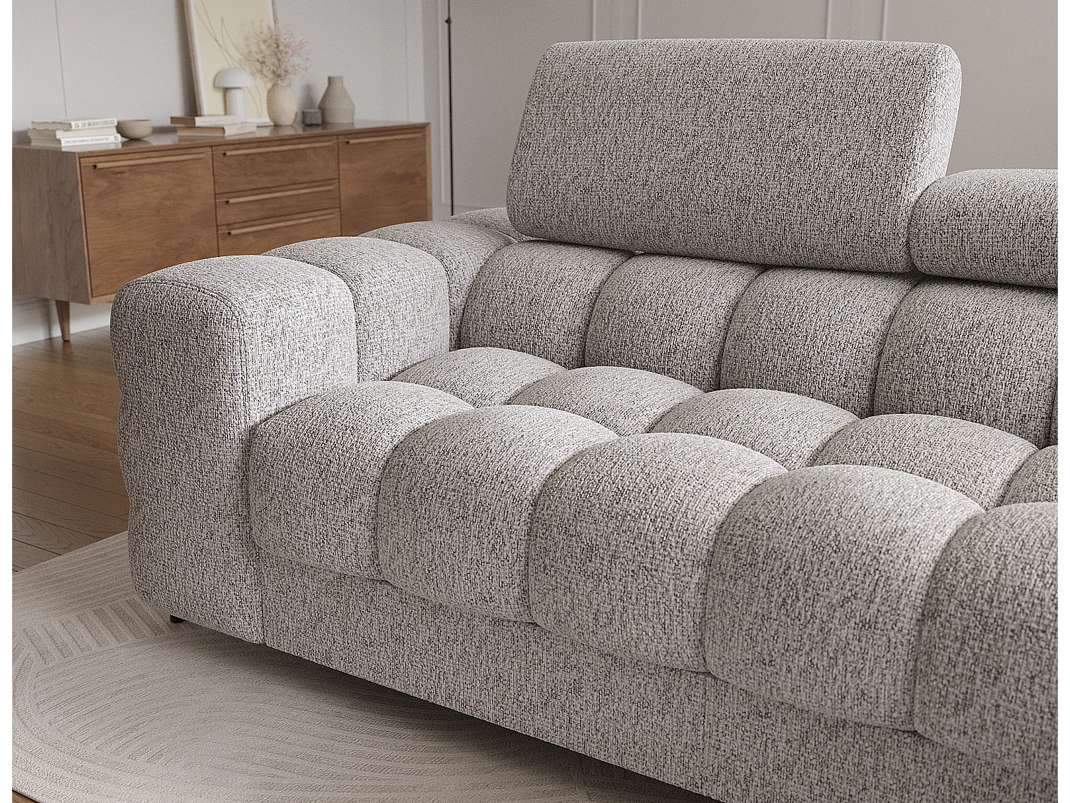 Canapé d’angle convertible tissu appuis-tête réglables KATE – Coffre et pieds métal noir-Gris clair chiné-angle droit