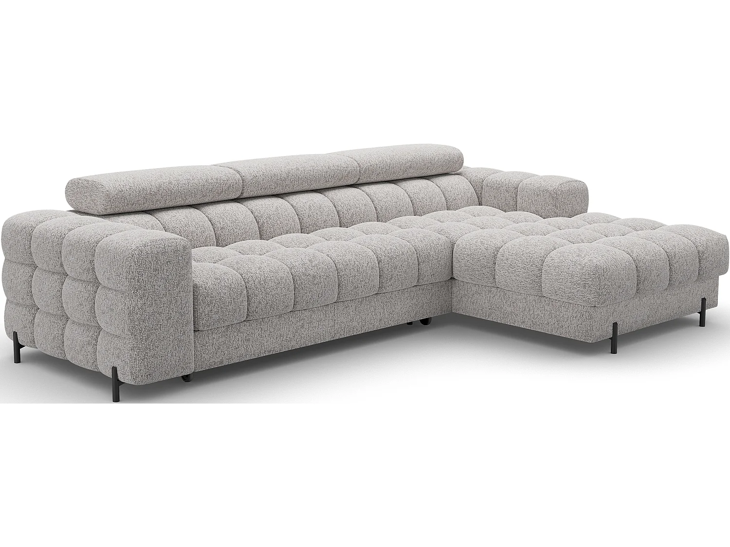 Canapé d’angle convertible tissu appuis-tête réglables KATE – Coffre et pieds métal noir-Gris clair chiné-angle droit