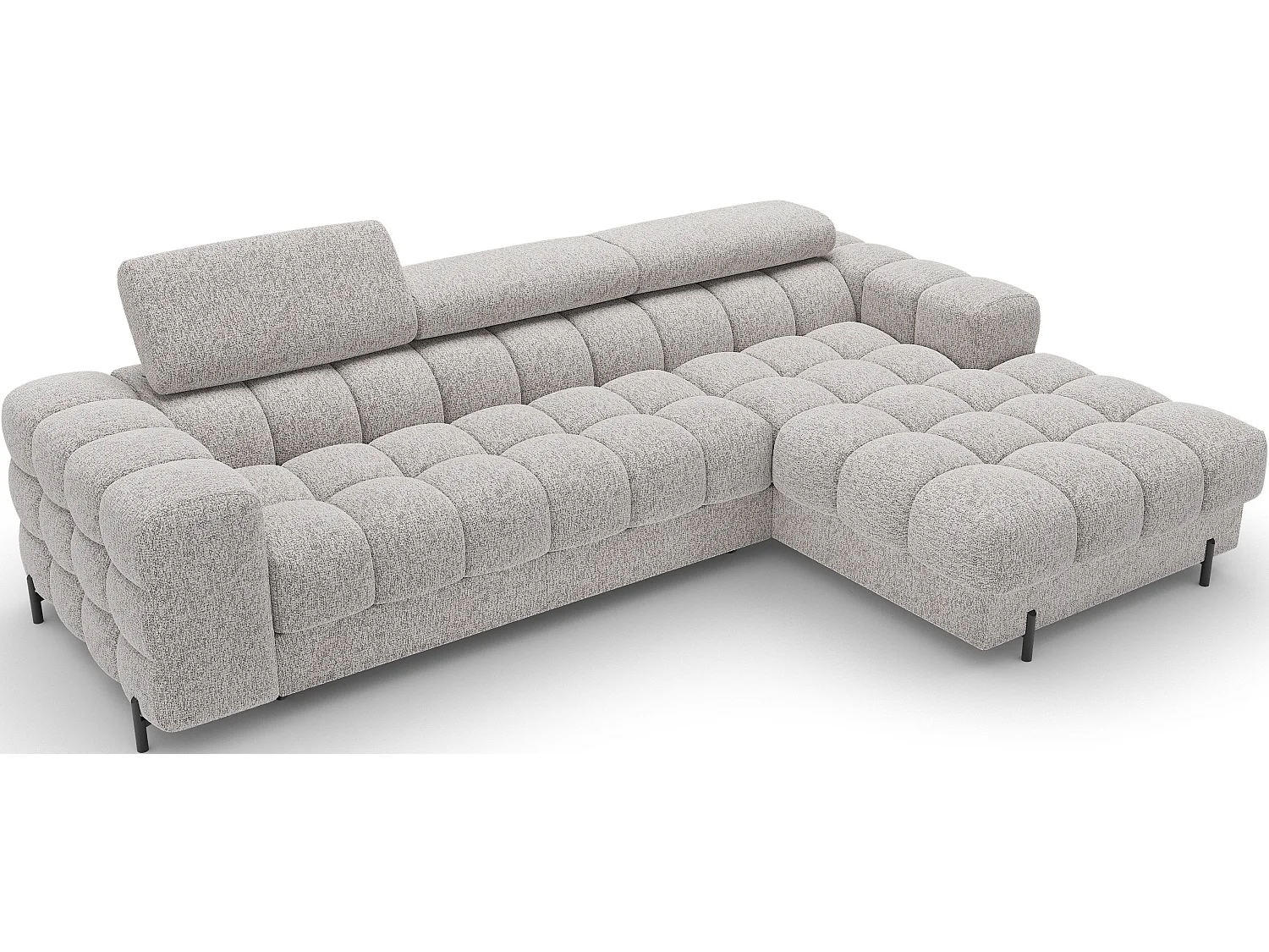 Canapé d’angle convertible tissu appuis-tête réglables KATE – Coffre et pieds métal noir-Gris clair chiné-angle droit