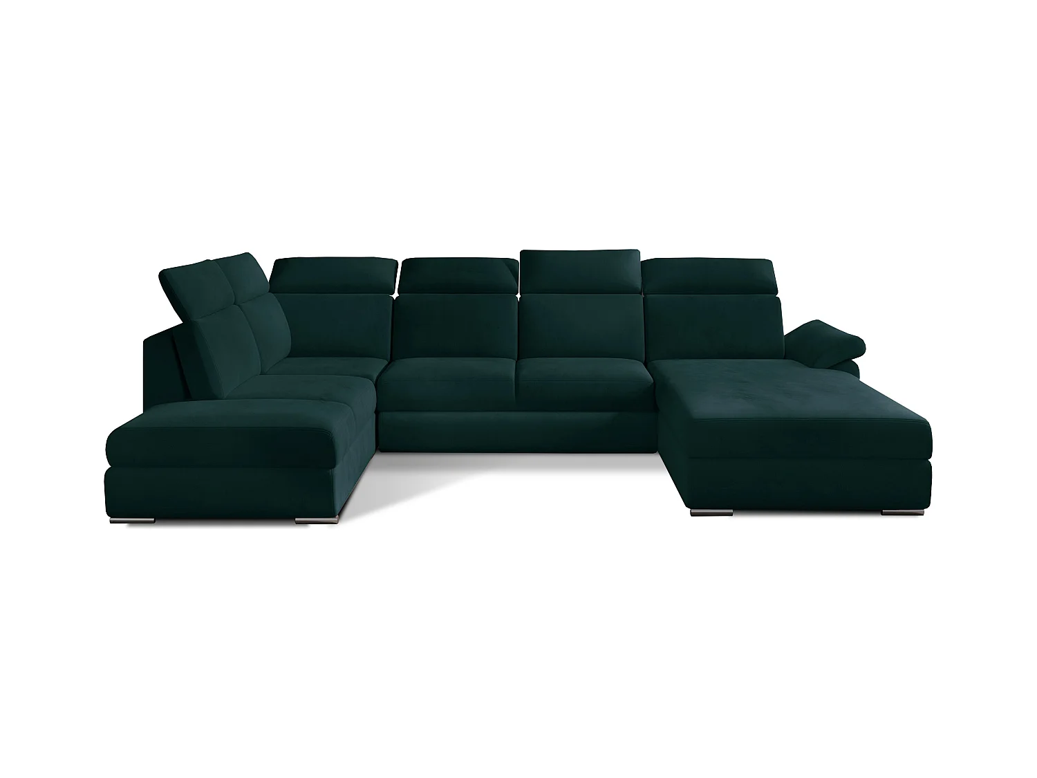 Canapé panoramique convertible LEVANO velours - Rangement et appuie-têtes réglables-Vert anglais-Coffre à droite