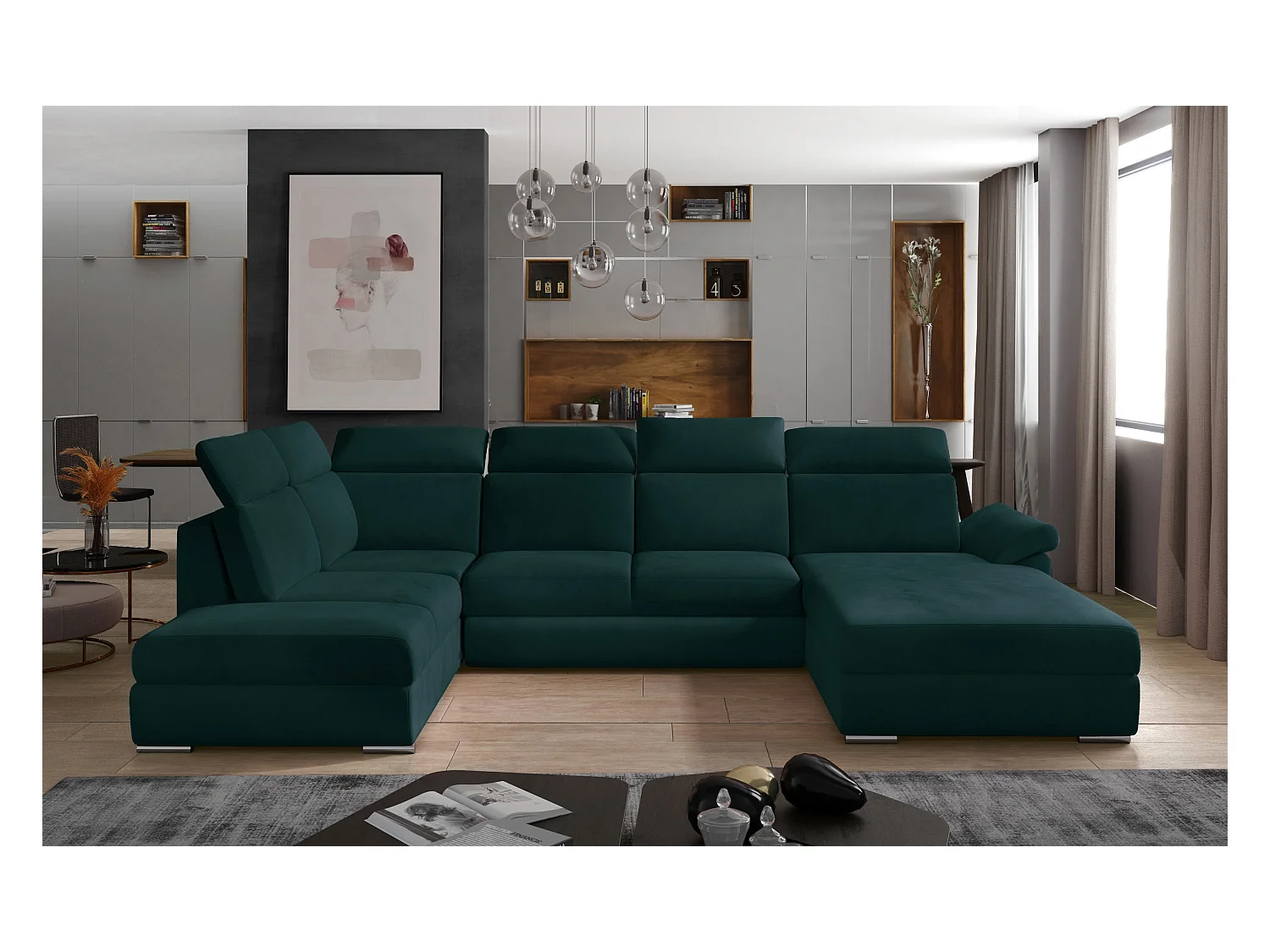 Canapé panoramique convertible LEVANO velours - Rangement et appuie-têtes réglables-Vert anglais-Coffre à droite