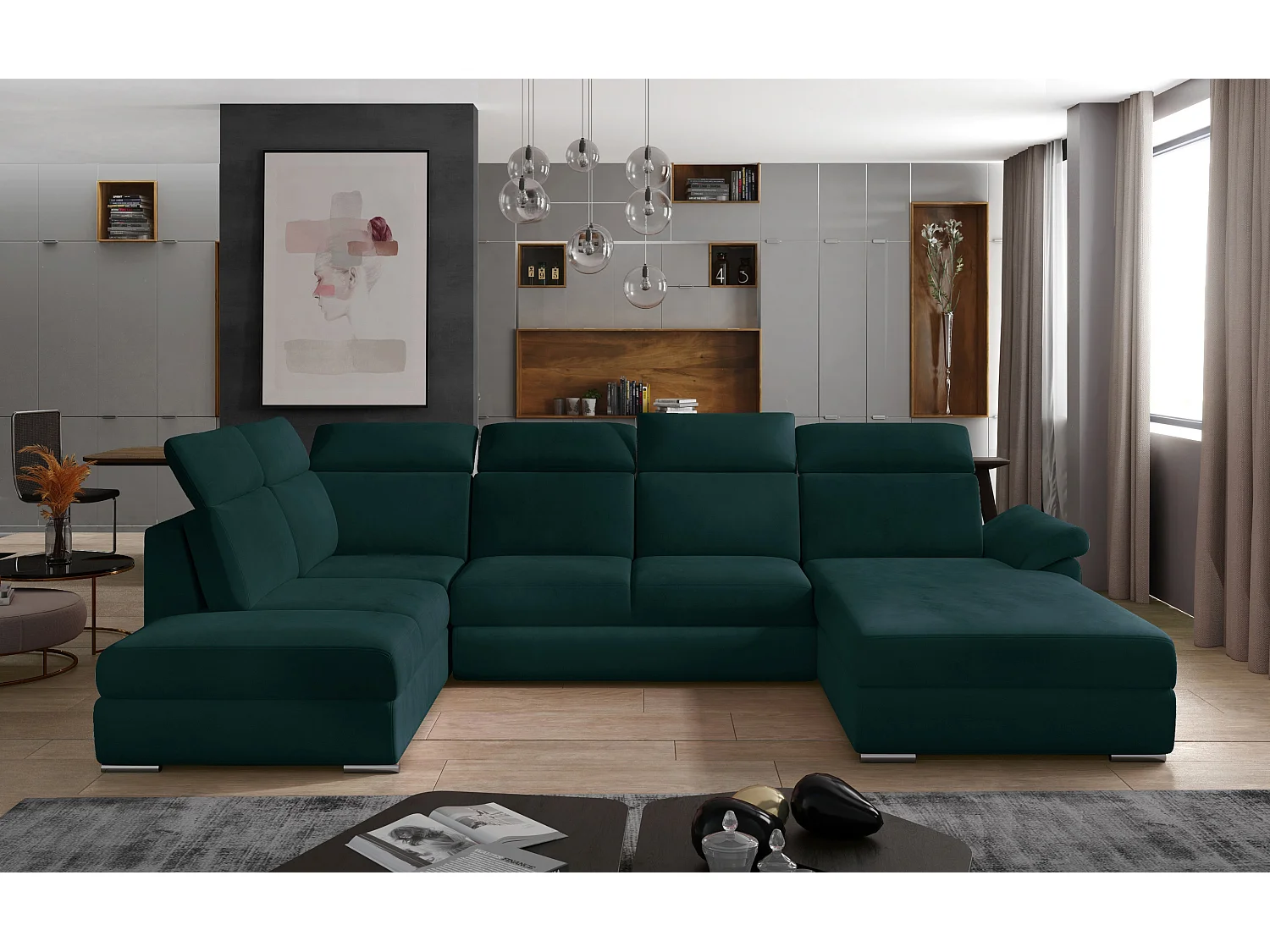 LEVANO fluwelen panoramische slaapbank - Opbergruimte en verstelbare hoofdsteunen-Kleur -Opslagruimte naar rechts