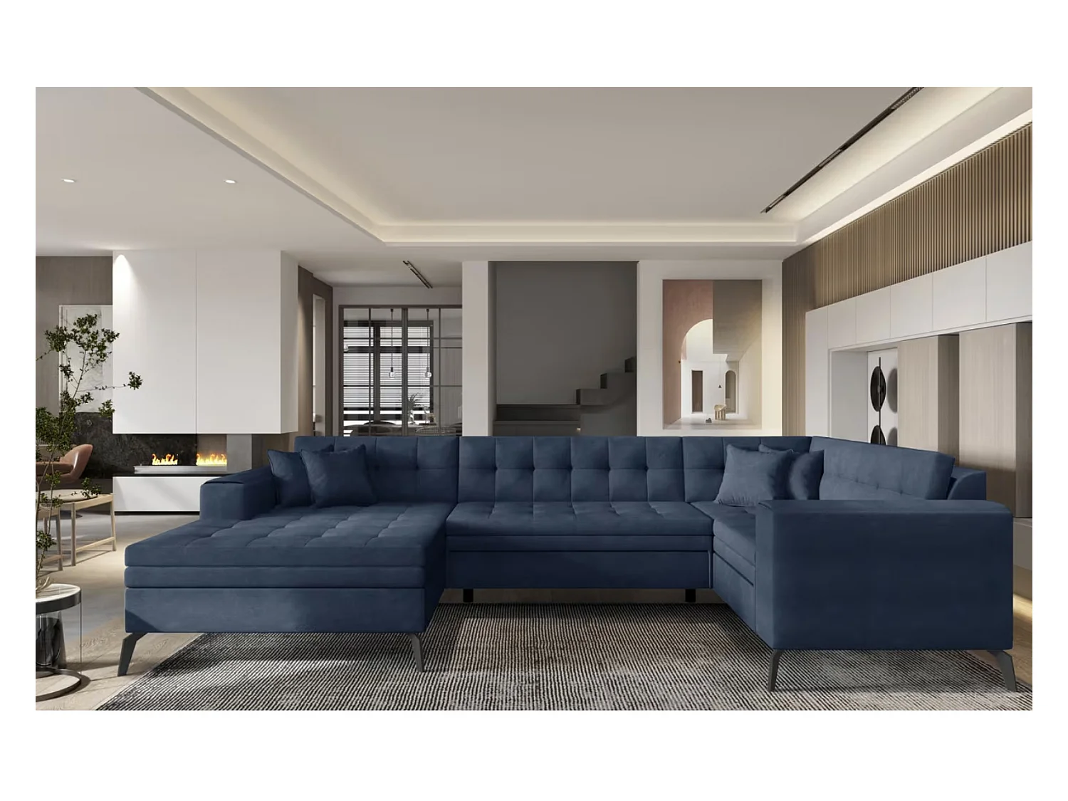 Canapé panoramique convertible BONTY tissu matelassé-Bleu turquin-Méridienne A gauche