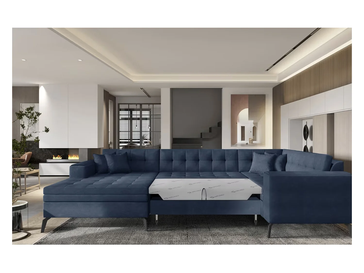 Canapé panoramique convertible BONTY tissu matelassé-Bleu turquin-Méridienne A gauche