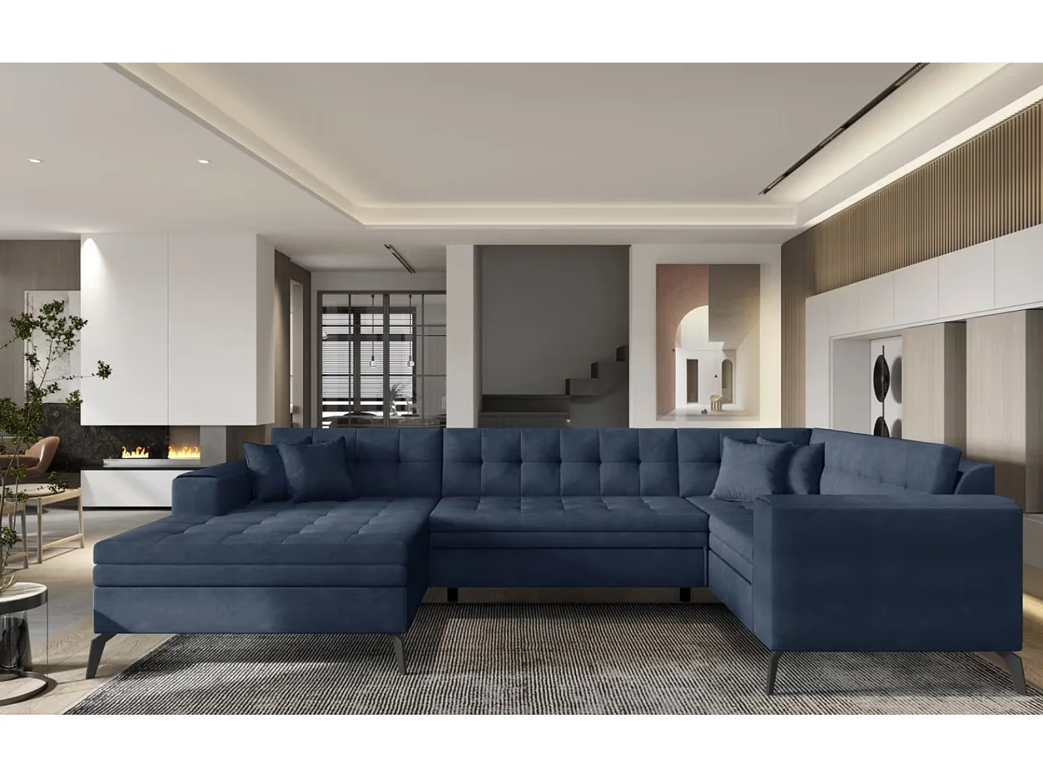 Canapé panoramique convertible BONTY tissu matelassé-Bleu turquin-Méridienne A gauche