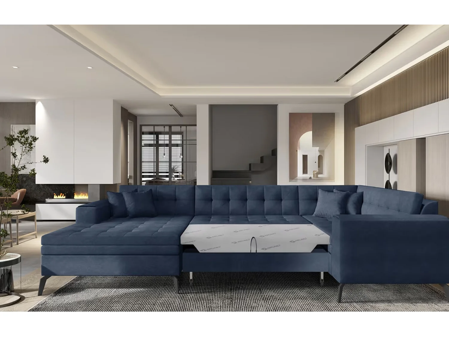 Canapé panoramique convertible BONTY tissu matelassé-Bleu turquin-Méridienne A gauche