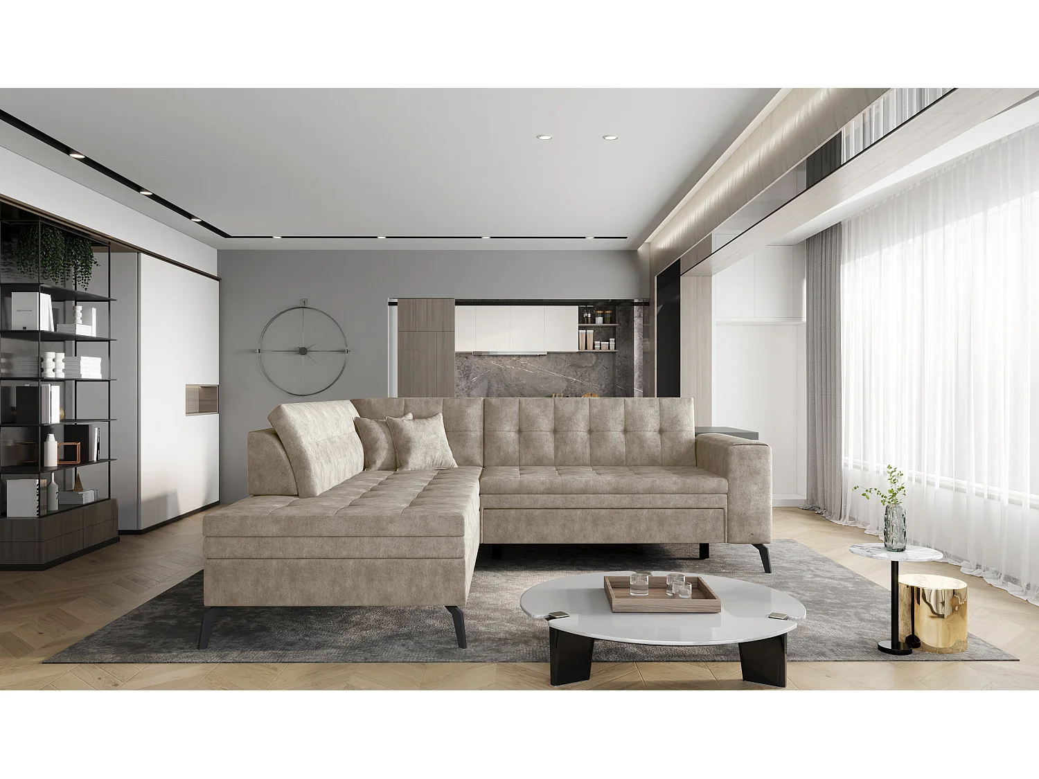 Canapé d'angle convertible tissu LARRY - Pieds acier noir-Beige clair vintage-angle gauche