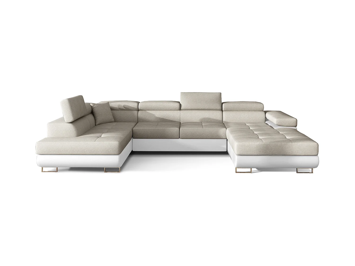 Canapé panoramique convertible ROMANO - Rangement et appuie-têtes réglables-Blanc/Beige clair-Coffre à gauche