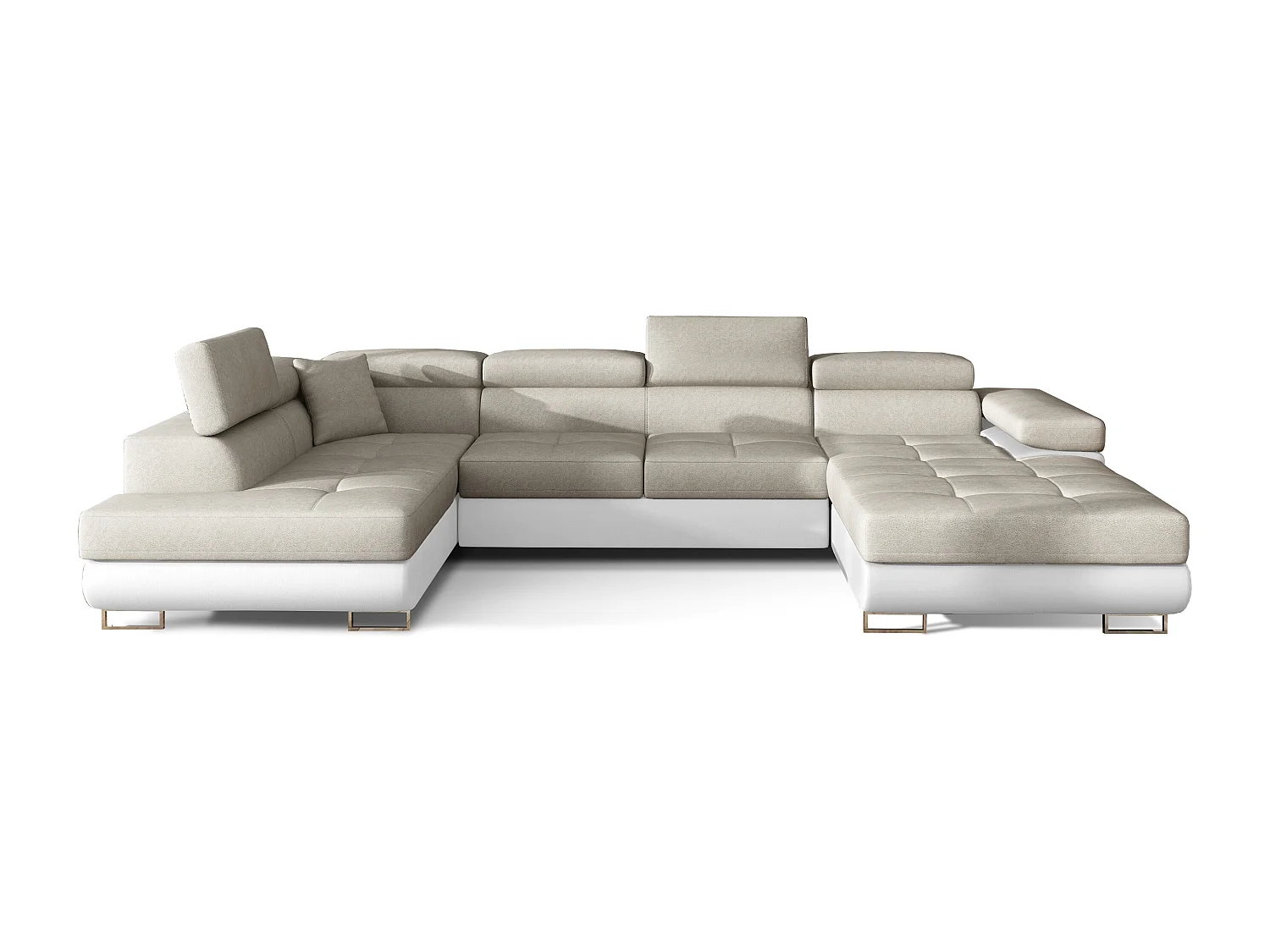 Canapé panoramique convertible ROMANO - Rangement et appuie-têtes réglables-Blanc/Beige clair-Coffre à gauche
