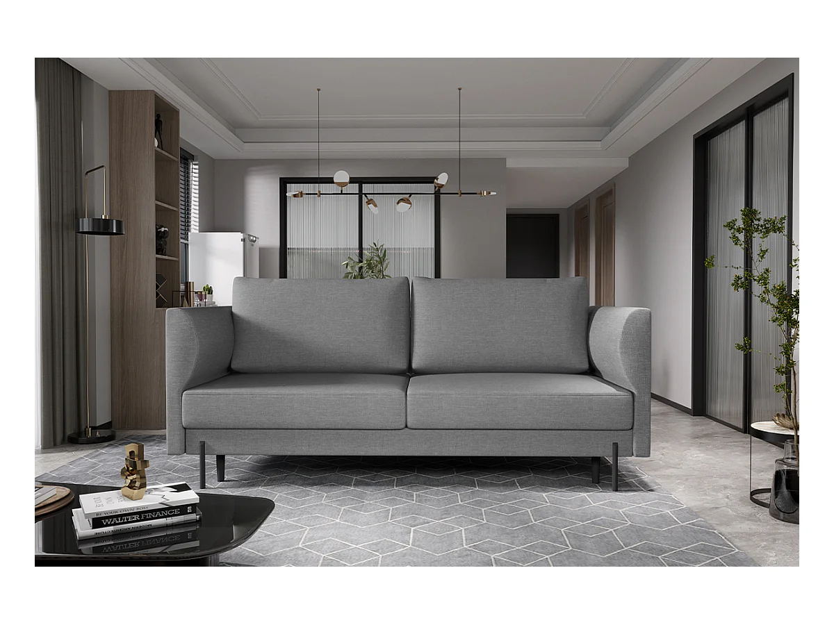 Canapé convertible en tissu ROBBY – Rangement et pieds métal noir-Gris chiné