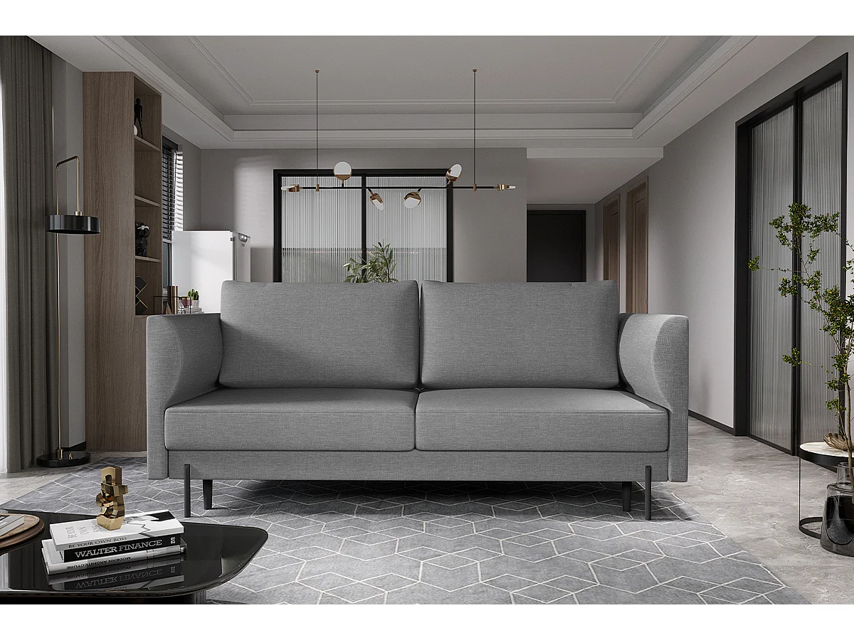 Canapé convertible en tissu ROBBY – Rangement et pieds métal noir-Gris chiné