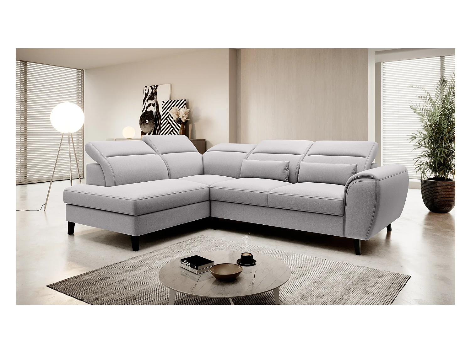 NOBLESSE stoffen omvormbare hoekbank met opbergruimte - Zwarte houten poten-Kleur Lichtgrijs-linkerhoek