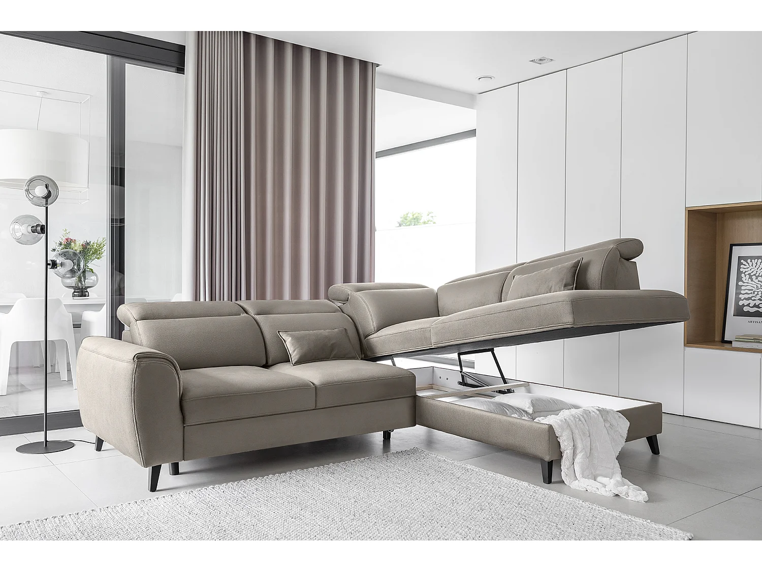 Canapé d'angle convertible avec rangement tiu NOBLESSE - Pied boi noir-Gri clair-angle gauche