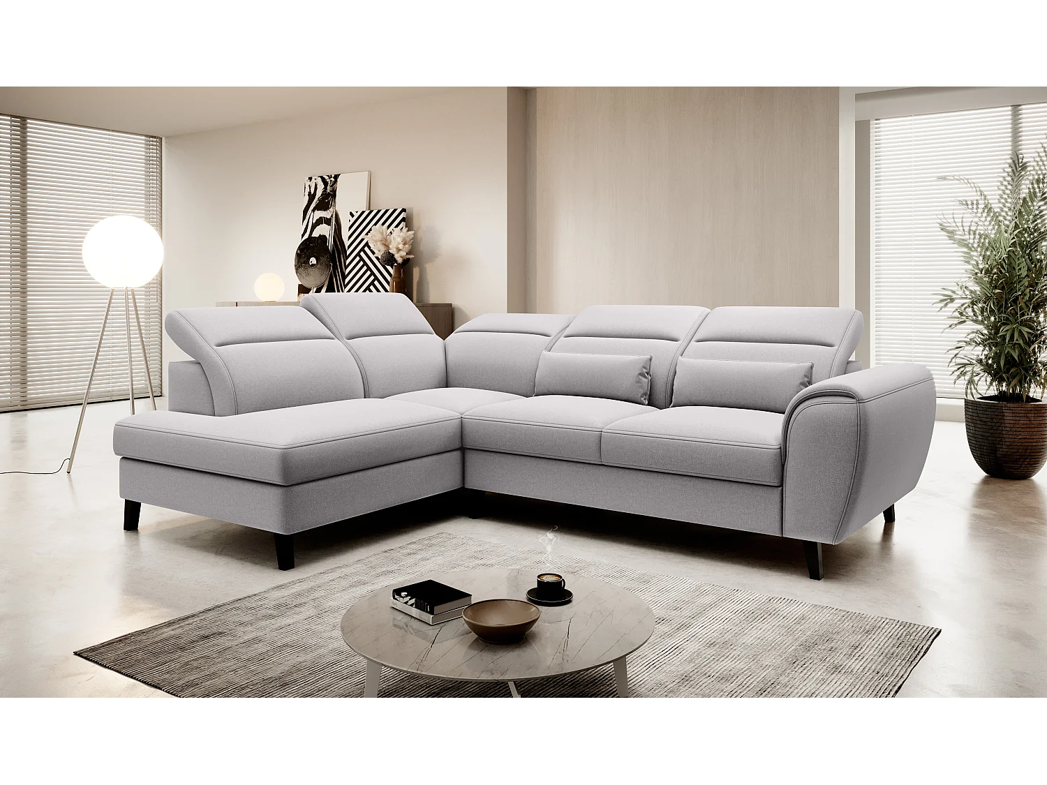 Canapé d'angle convertible avec rangement tissu NOBLESSE - Pieds bois noir-Gris clair-angle gauche