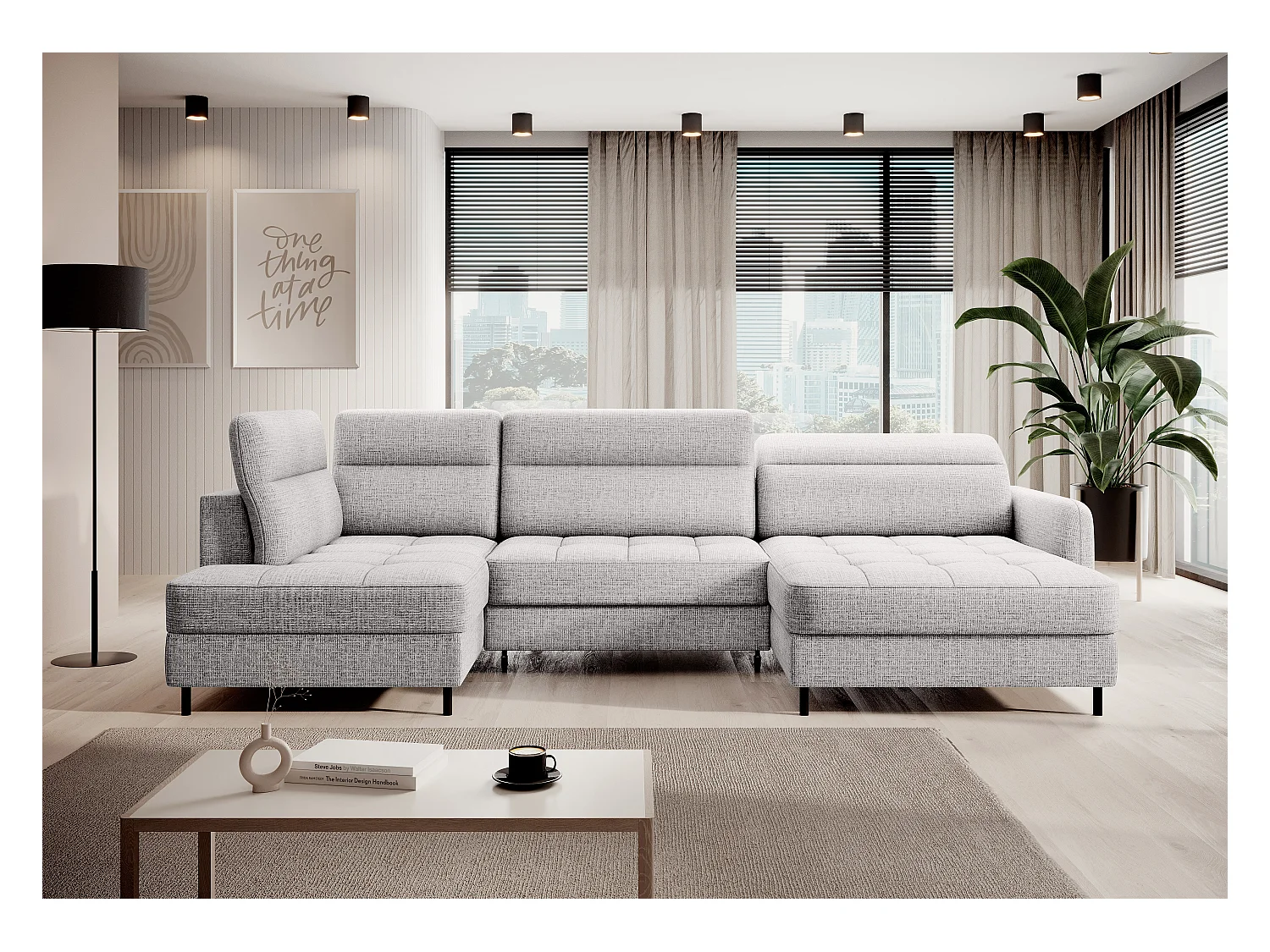 BENTO converteerbare panoramische stoffen bank met opbergvak-Kleur parel grijs-juiste hoek