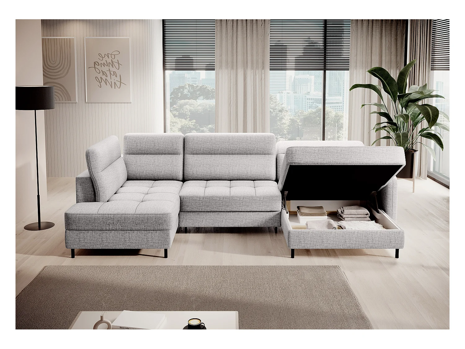 BENTO converteerbare panoramische stoffen bank met opbergvak-Kleur parel grijs-juiste hoek