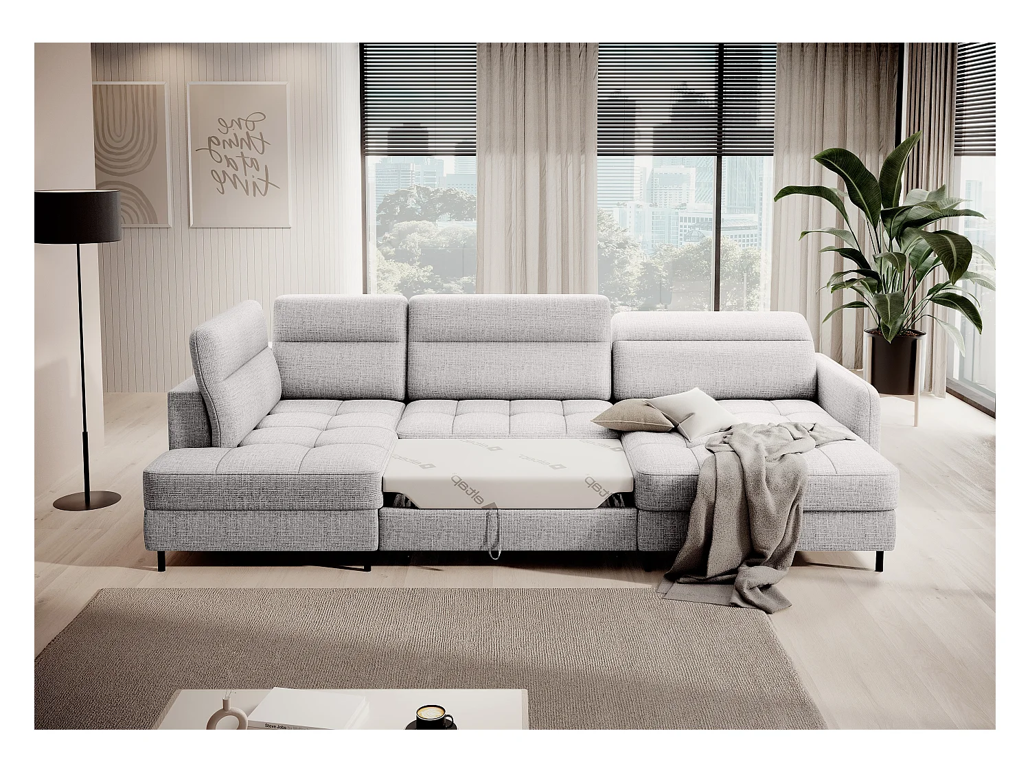 BENTO converteerbare panoramische stoffen bank met opbergvak-Kleur parel grijs-juiste hoek