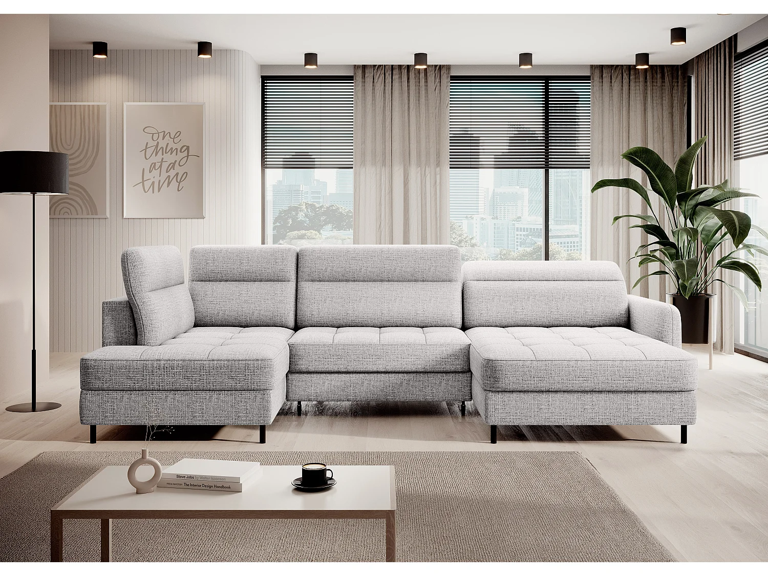 Canapé panoramique convertible BENTO en tissu avec coffre de rangement-Gris perle-angle droit