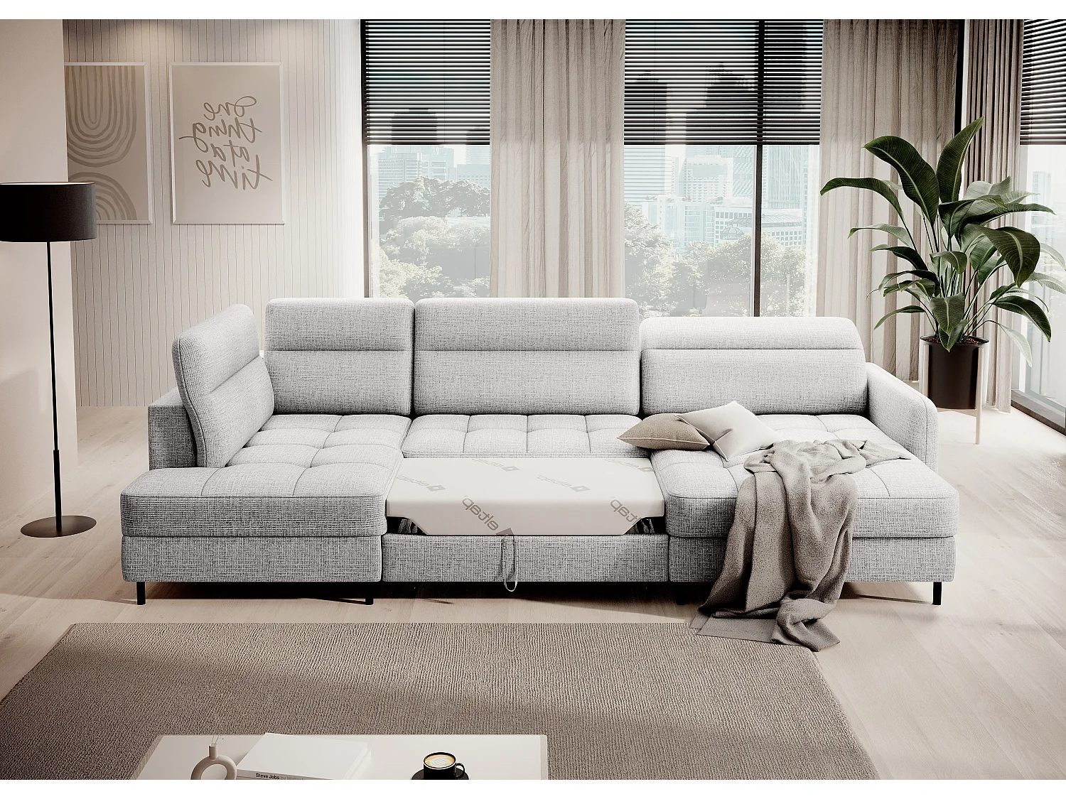 Canapé panoramique convertible BENTO en tissu avec coffre de rangement-Gris perle-angle droit