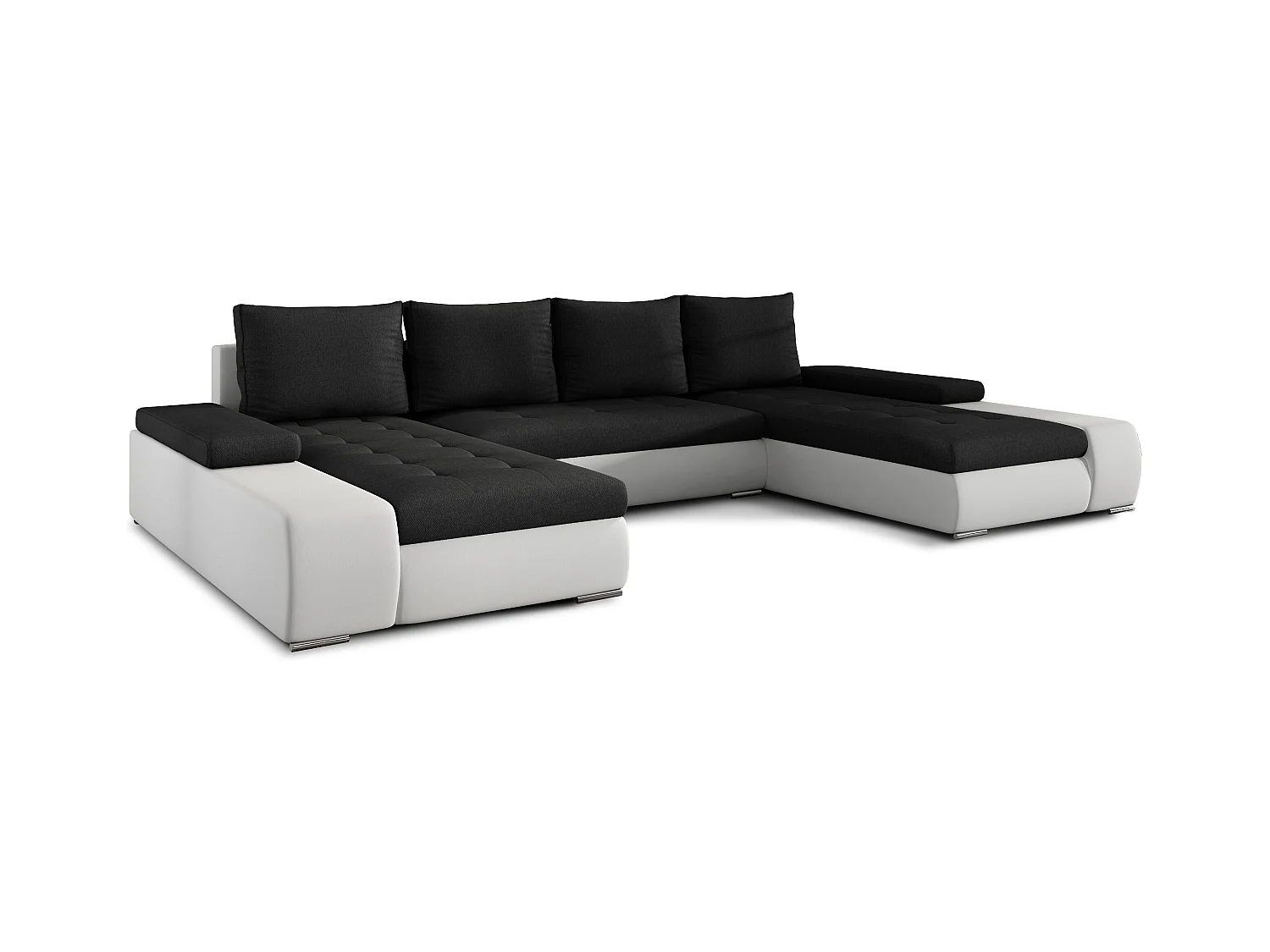 Canapé panoramique convertible TINO bi-matière avec rangement-Blanc/Noir