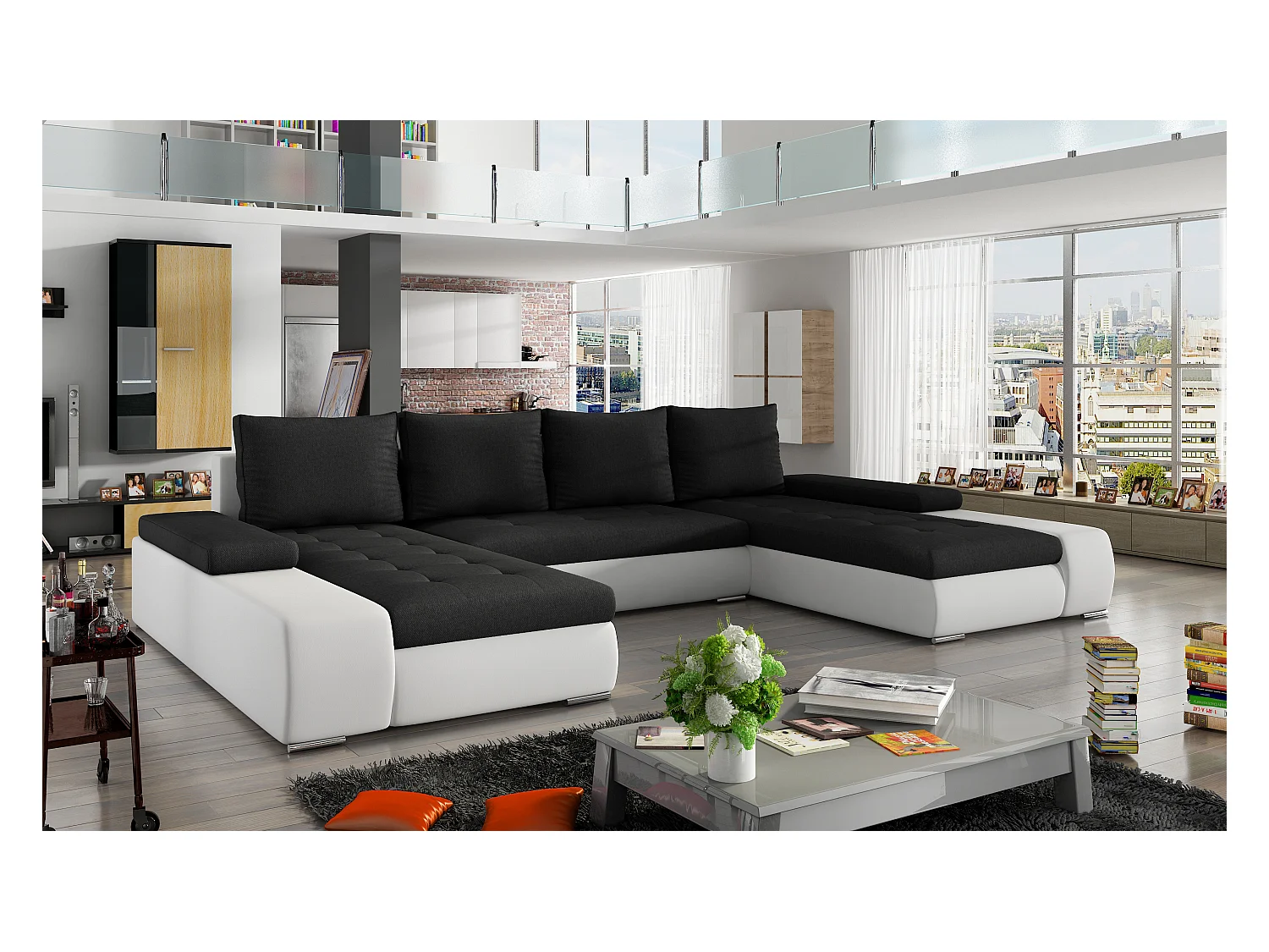 Canapé panoramique convertible TINO bi-matière avec rangement-Blanc/Noir