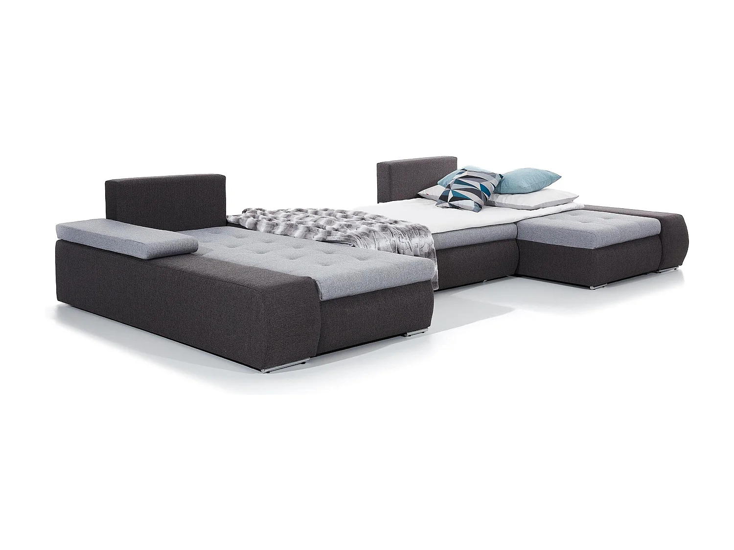 Canapé panoramique convertible TINO bi-matière avec rangement-Blanc/Noir