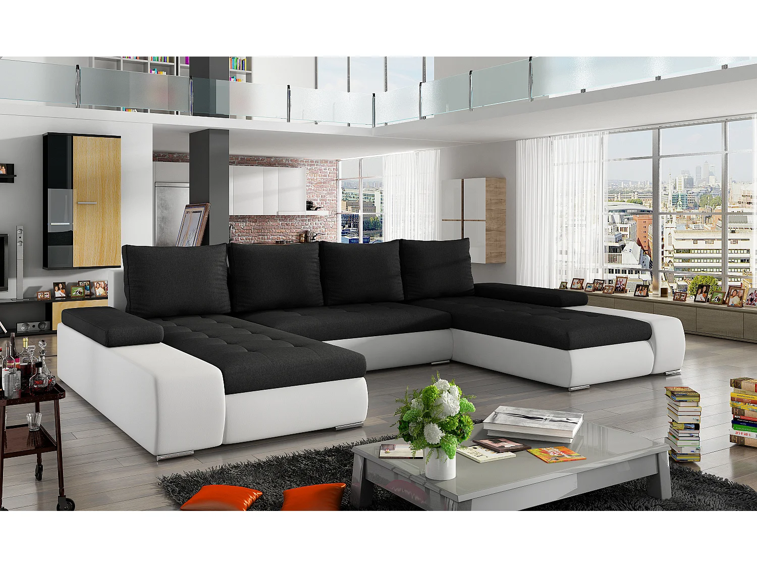 Canapé panoramique convertible TINO bi-matière avec rangement-Blanc/Noir
