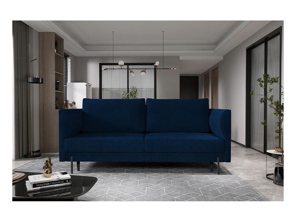 Canapé convertible en velours ROBBY – Rangement et pieds métal noir-Bleu pétrole