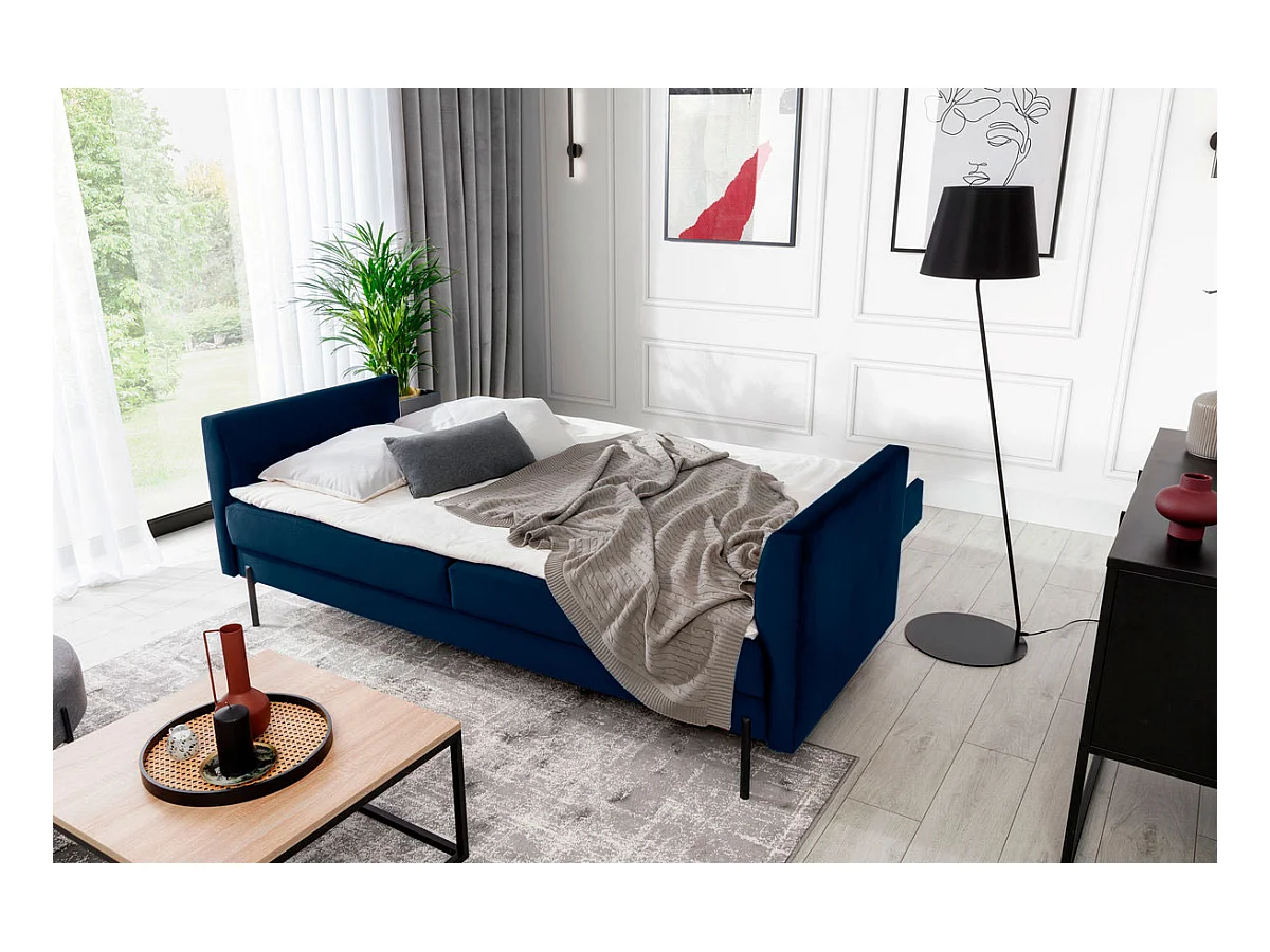 Canapé convertible en velours ROBBY – Rangement et pieds métal noir-Bleu pétrole