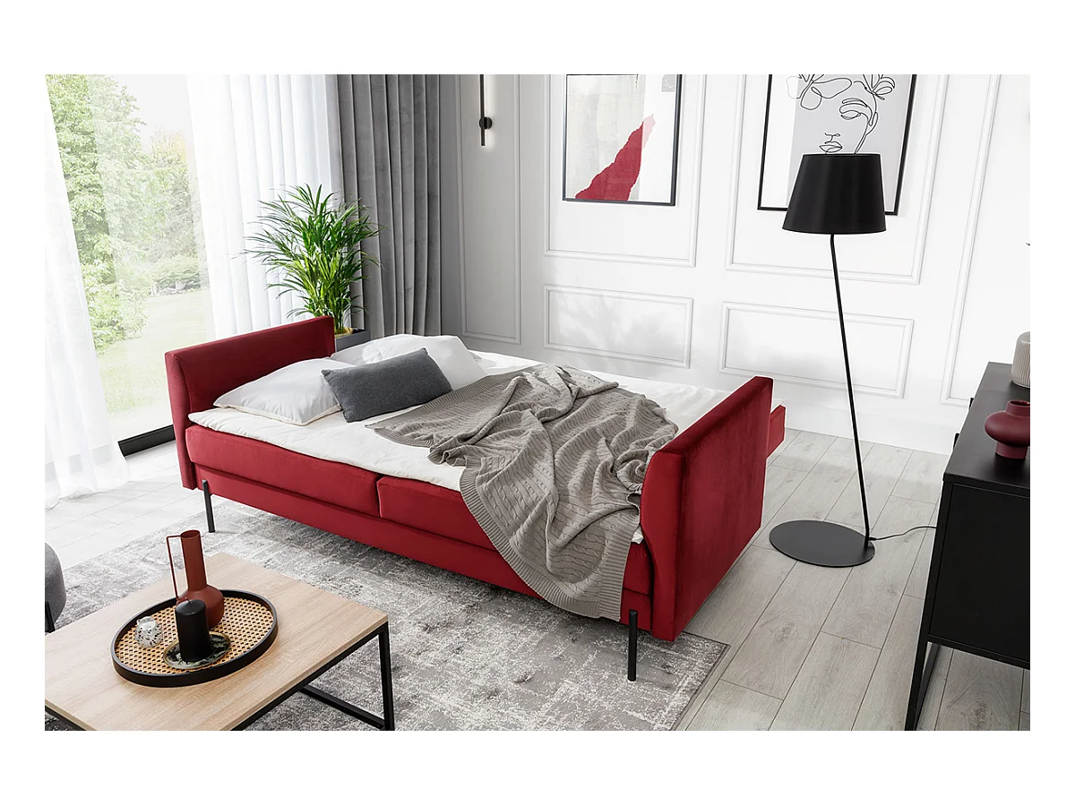 Canapé convertible en velours ROBBY – Rangement et pieds métal noir-Bleu pétrole