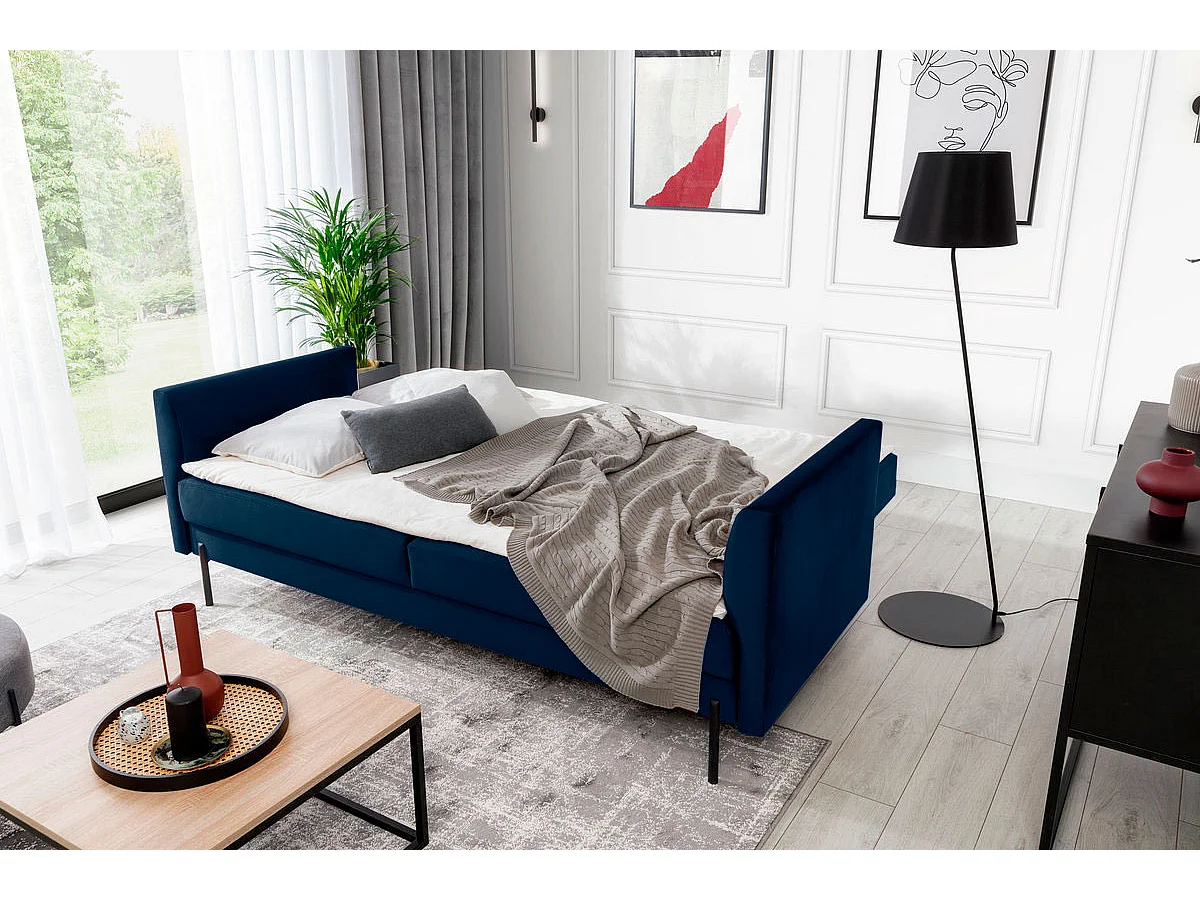 Canapé convertible en velours ROBBY – Rangement et pieds métal noir-Bleu pétrole