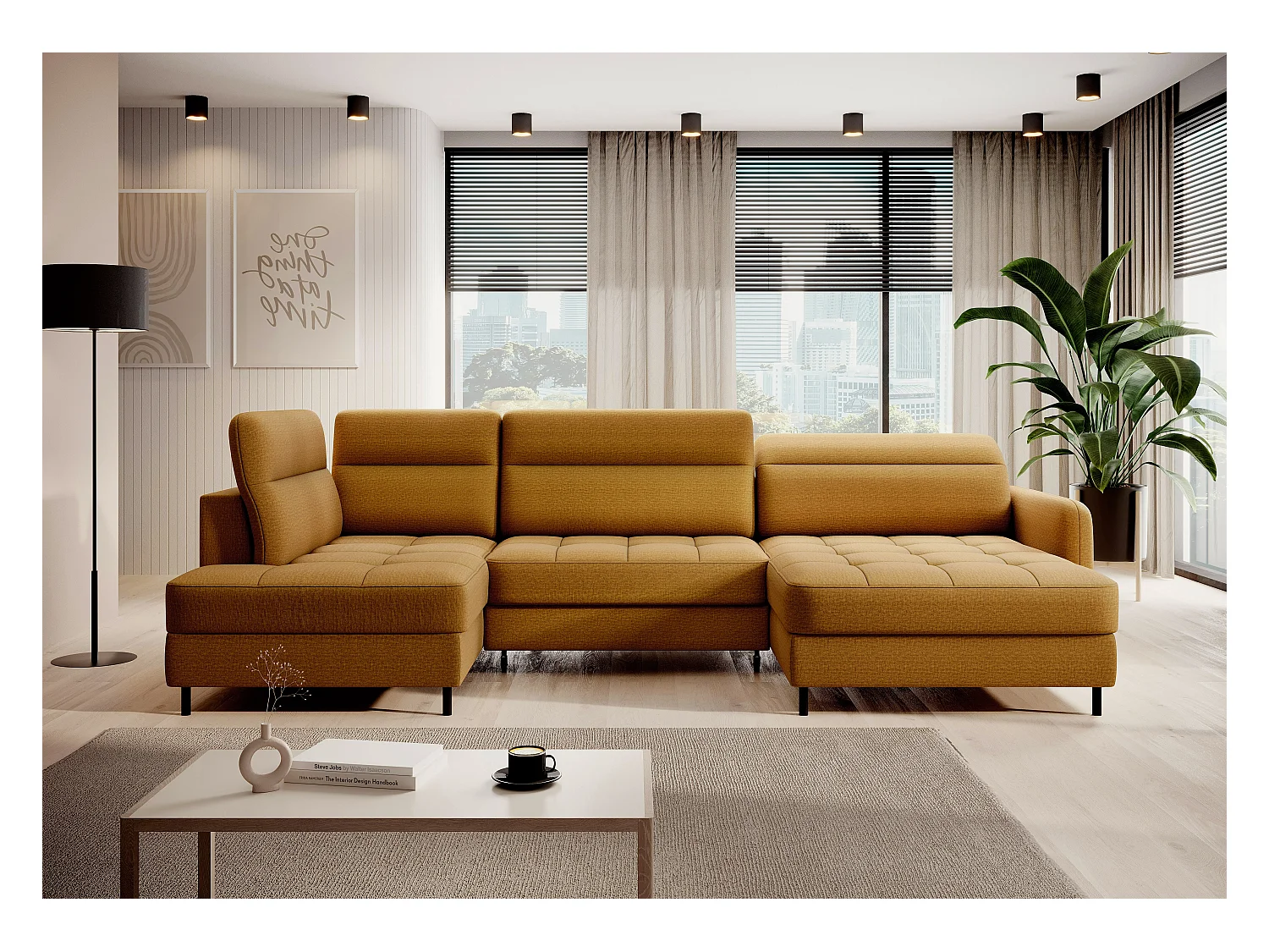 Canapé panoramique convertible BENTO en tissu avec coffre de rangement-Jaune moutarde-angle droit