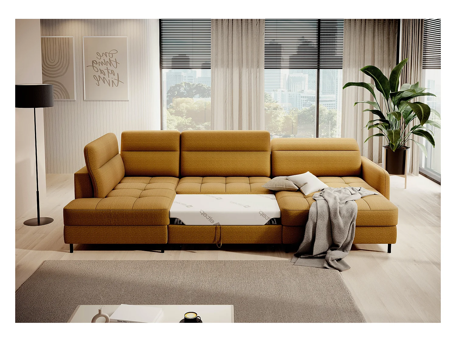 Canapé panoramique convertible BENTO en tissu avec coffre de rangement-Jaune moutarde-angle droit