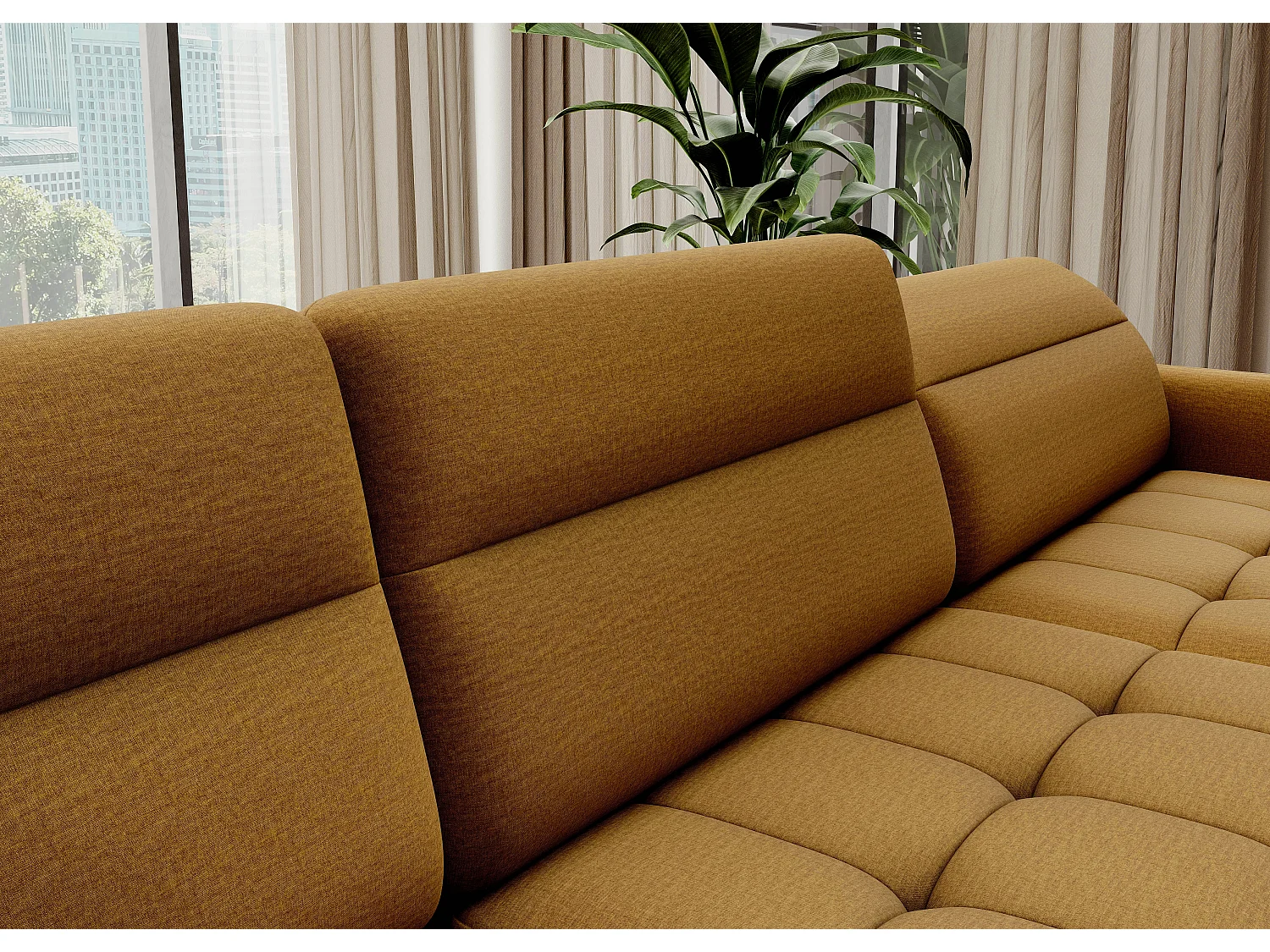 Canapé panoramique convertible BENTO en tissu avec coffre de rangement-Jaune moutarde-angle droit