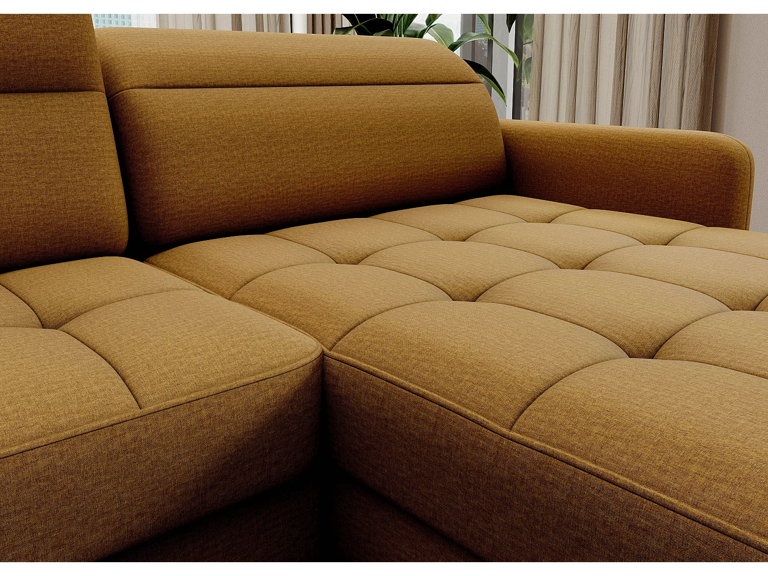 Canapé panoramique convertible BENTO en tissu avec coffre de rangement-Jaune moutarde-angle droit