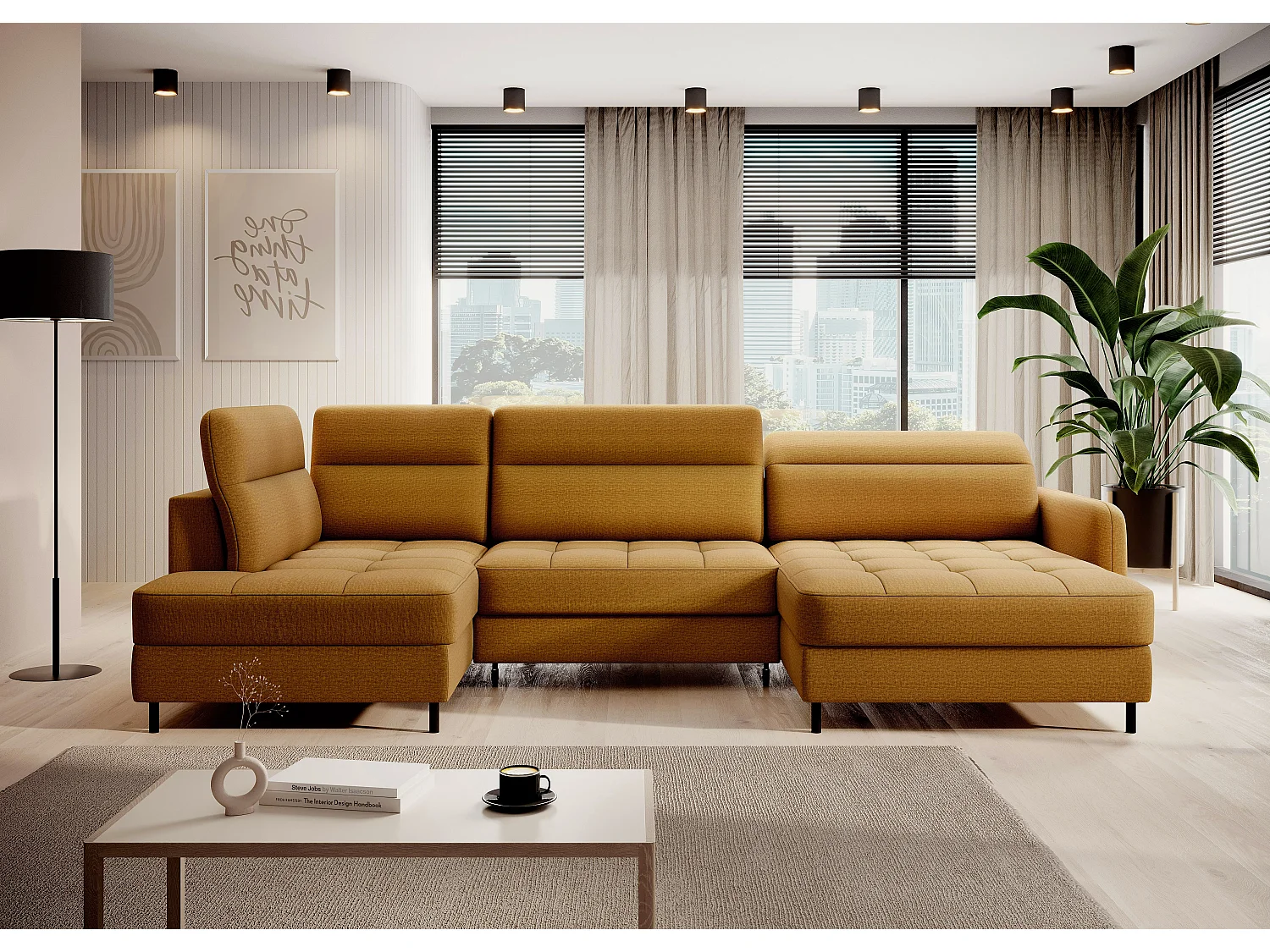 Canapé panoramique convertible BENTO en tissu avec coffre de rangement-Jaune moutarde-angle droit