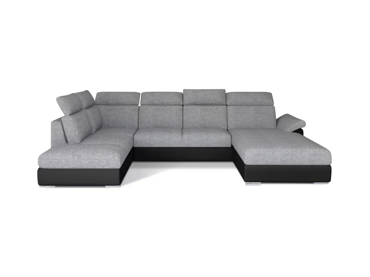 Canapé Convertible Panoramique LEVANO Tissu et Simili Cuir, Têtières-Noir/Gris clair-Coffre à droite