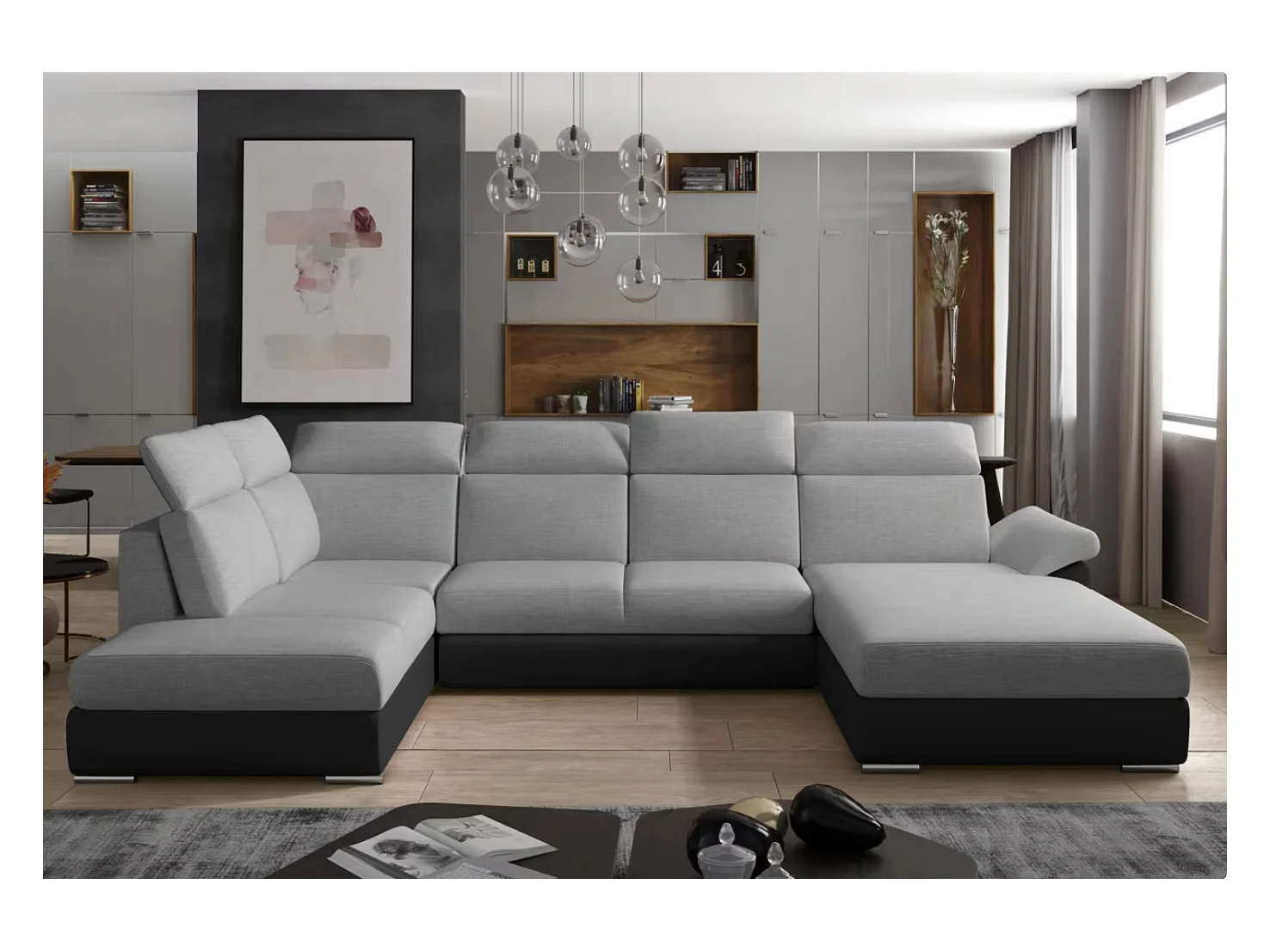 Canapé Convertible Panoramique LEVANO Tissu et Simili Cuir, Têtières-Noir/Gris clair-Coffre à droite