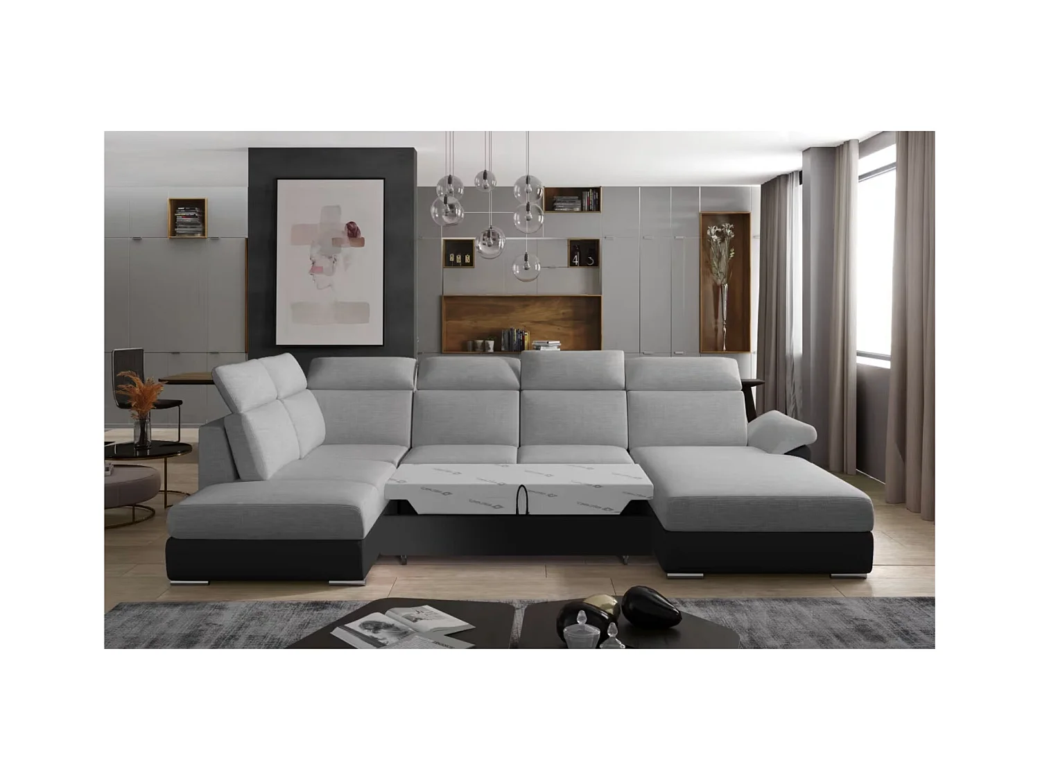 Canapé Convertible Panoramique LEVANO Tissu et Simili Cuir, Têtières-Noir/Gris clair-Coffre à droite