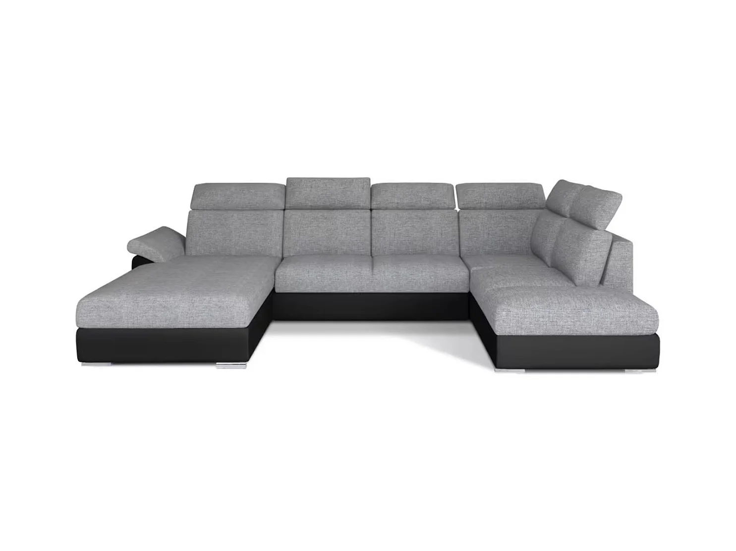 Canapé Convertible Panoramique LEVANO Tissu et Simili Cuir, Têtières-Noir/Gris clair-Coffre à droite