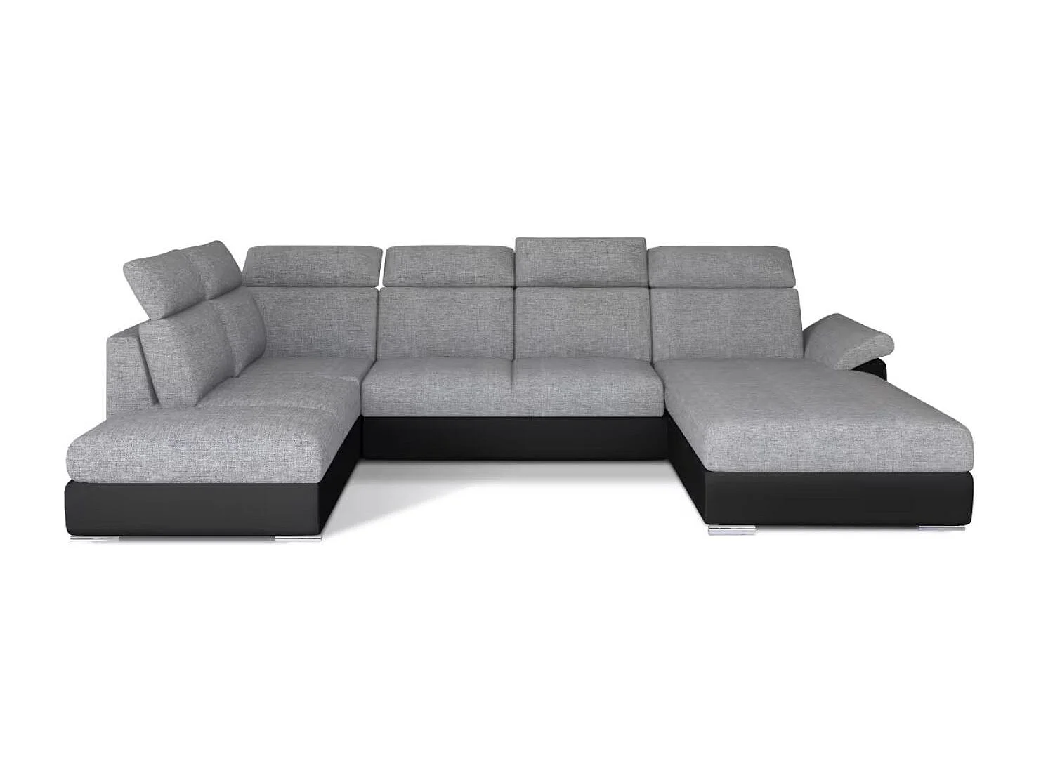 Canapé Convertible Panoramique LEVANO Tissu et Simili Cuir, Têtières-Noir/Gris clair-Coffre à droite